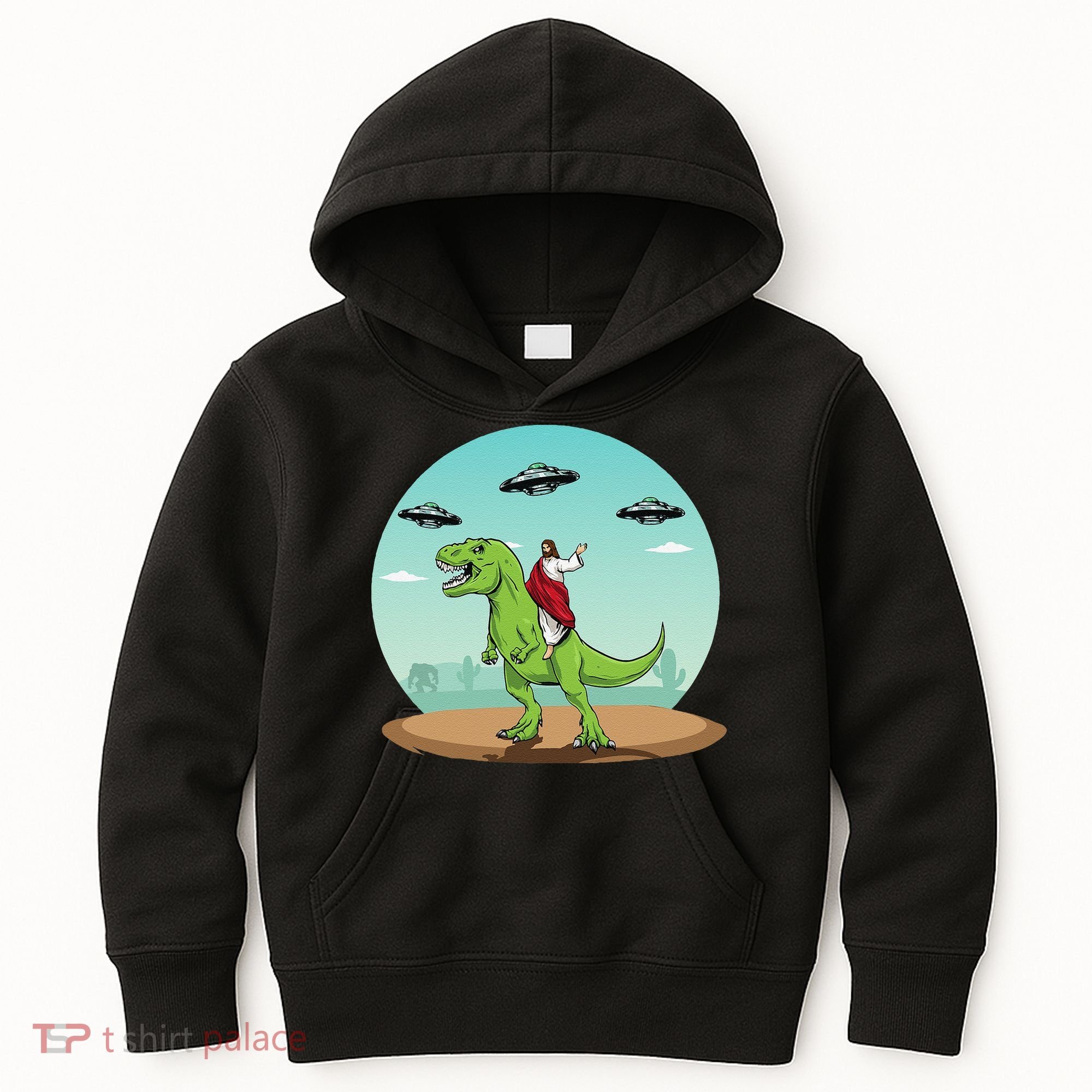 Jesus Riding A Dinosaur Funny Bigfoot UFO Alien Abduction Kids Hoodie