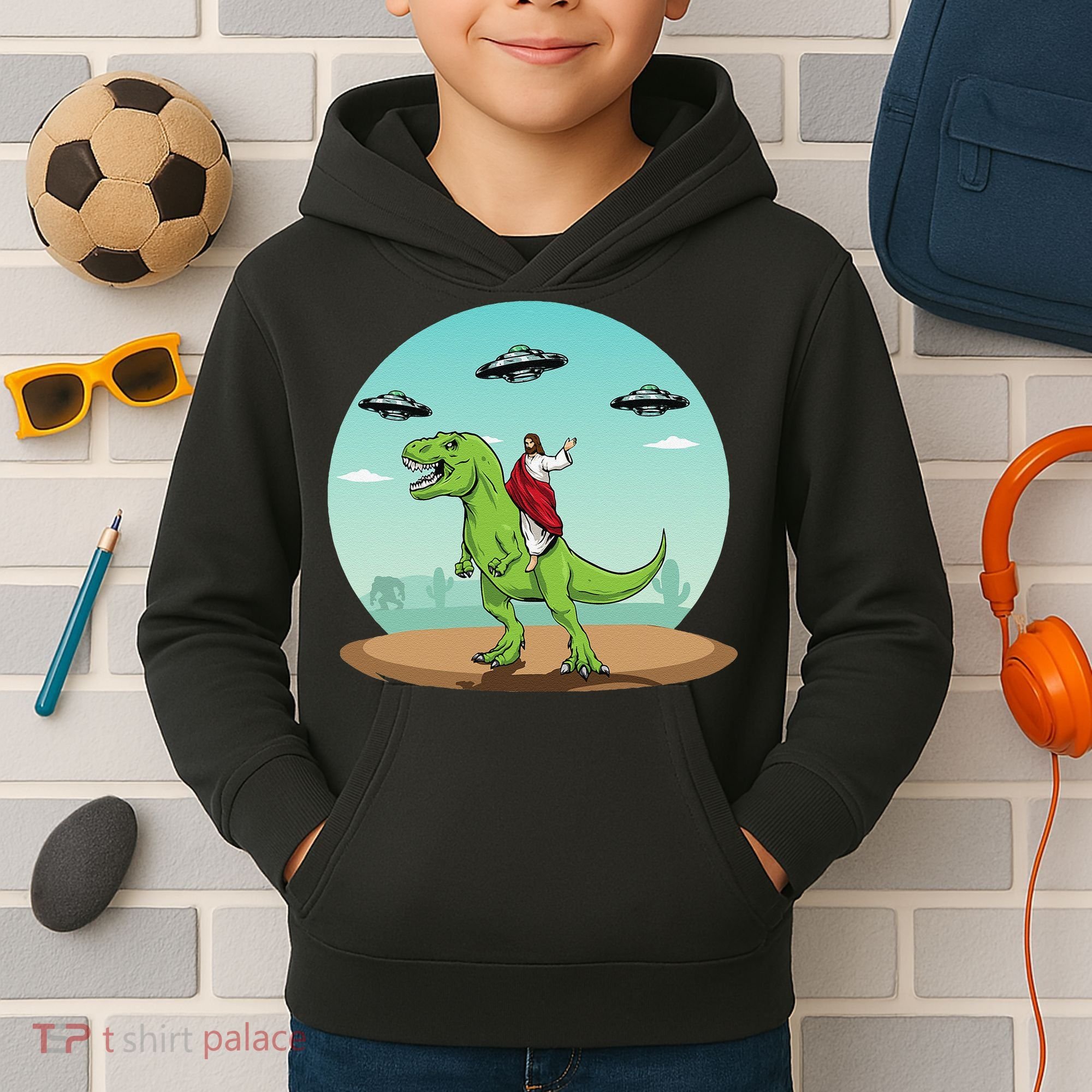 Jesus Riding A Dinosaur Funny Bigfoot UFO Alien Abduction Kids Hoodie