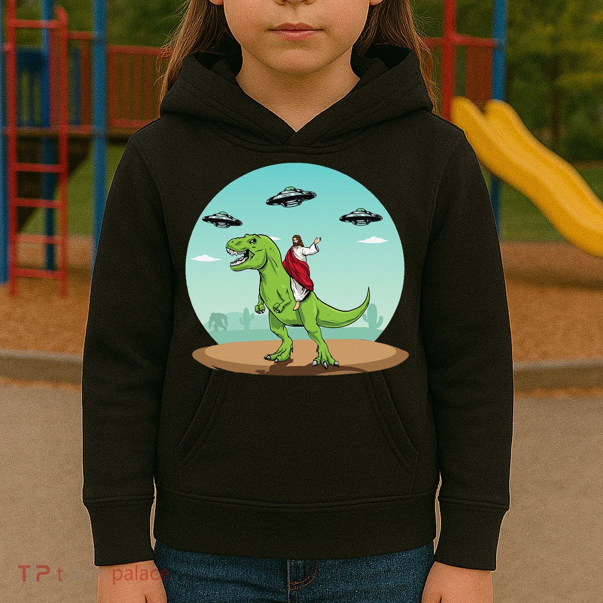 Jesus Riding A Dinosaur Funny Bigfoot UFO Alien Abduction Kids Hoodie