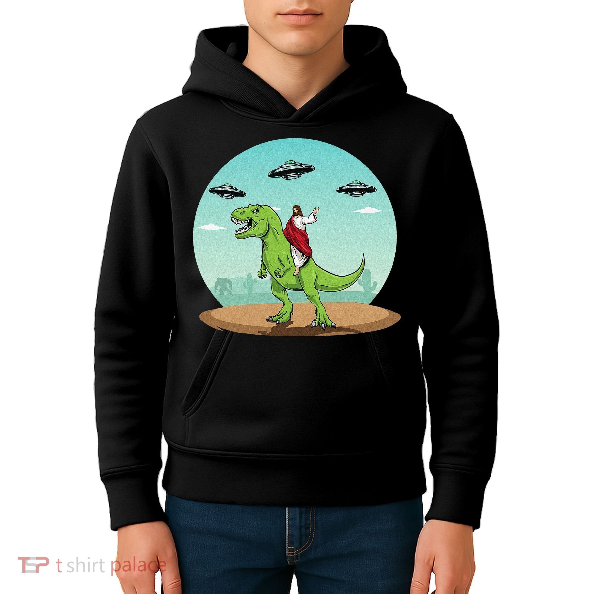 Jesus Riding A Dinosaur Funny Bigfoot UFO Alien Abduction Kids Hoodie