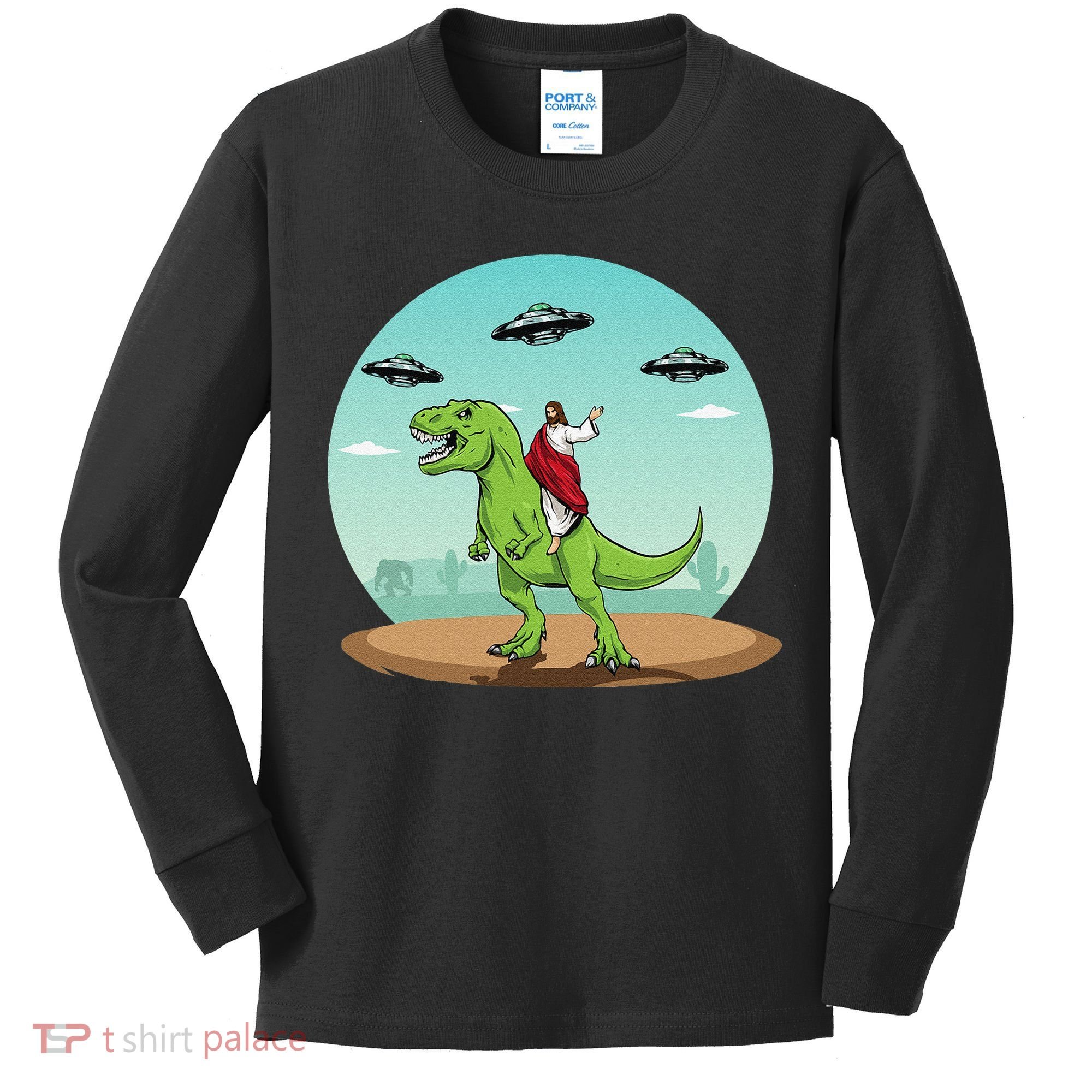 Jesus Riding A Dinosaur Funny Bigfoot UFO Alien Abduction Kids Long Sleeve Shirt
