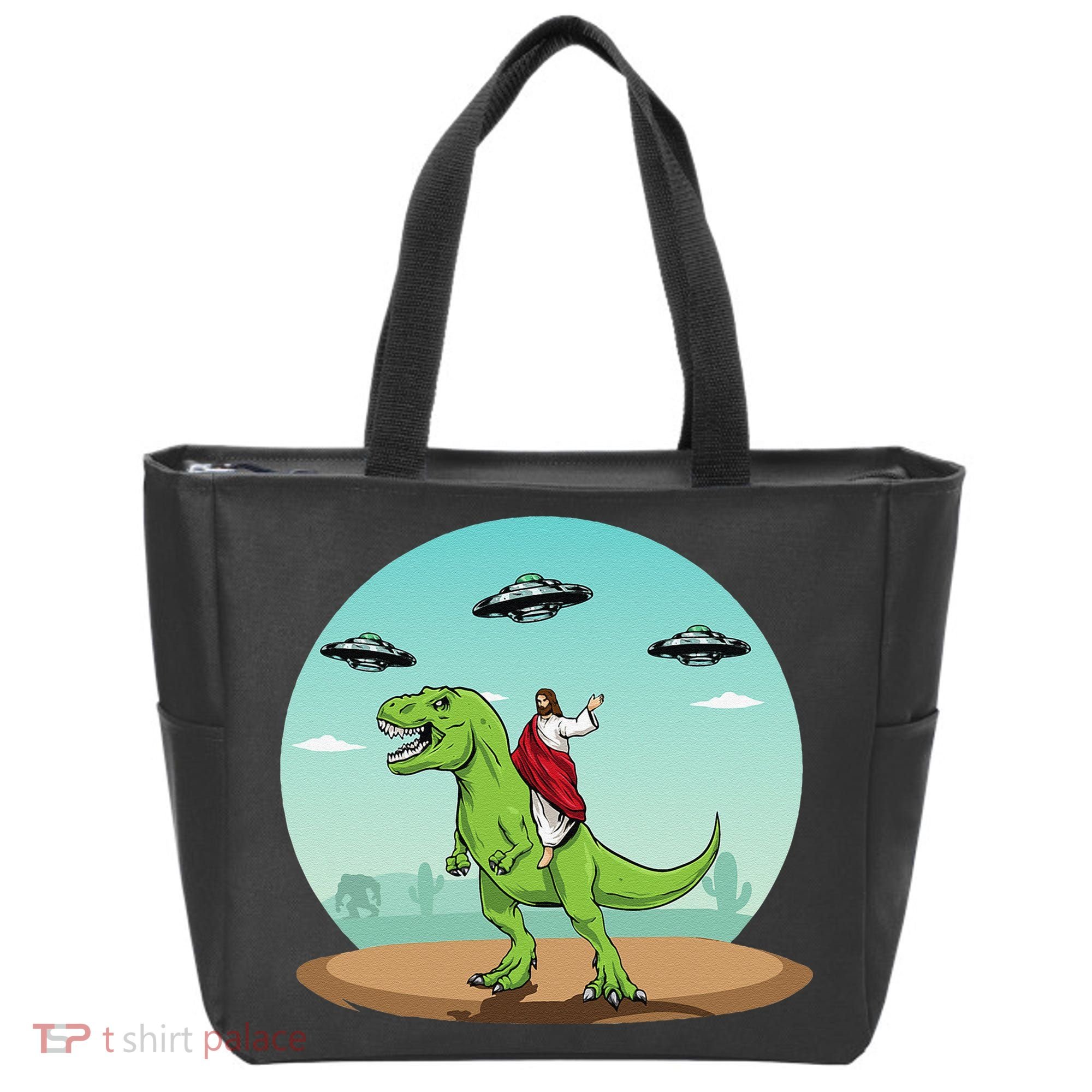 Jesus Riding A Dinosaur Funny Bigfoot UFO Alien Abduction Tote Bag