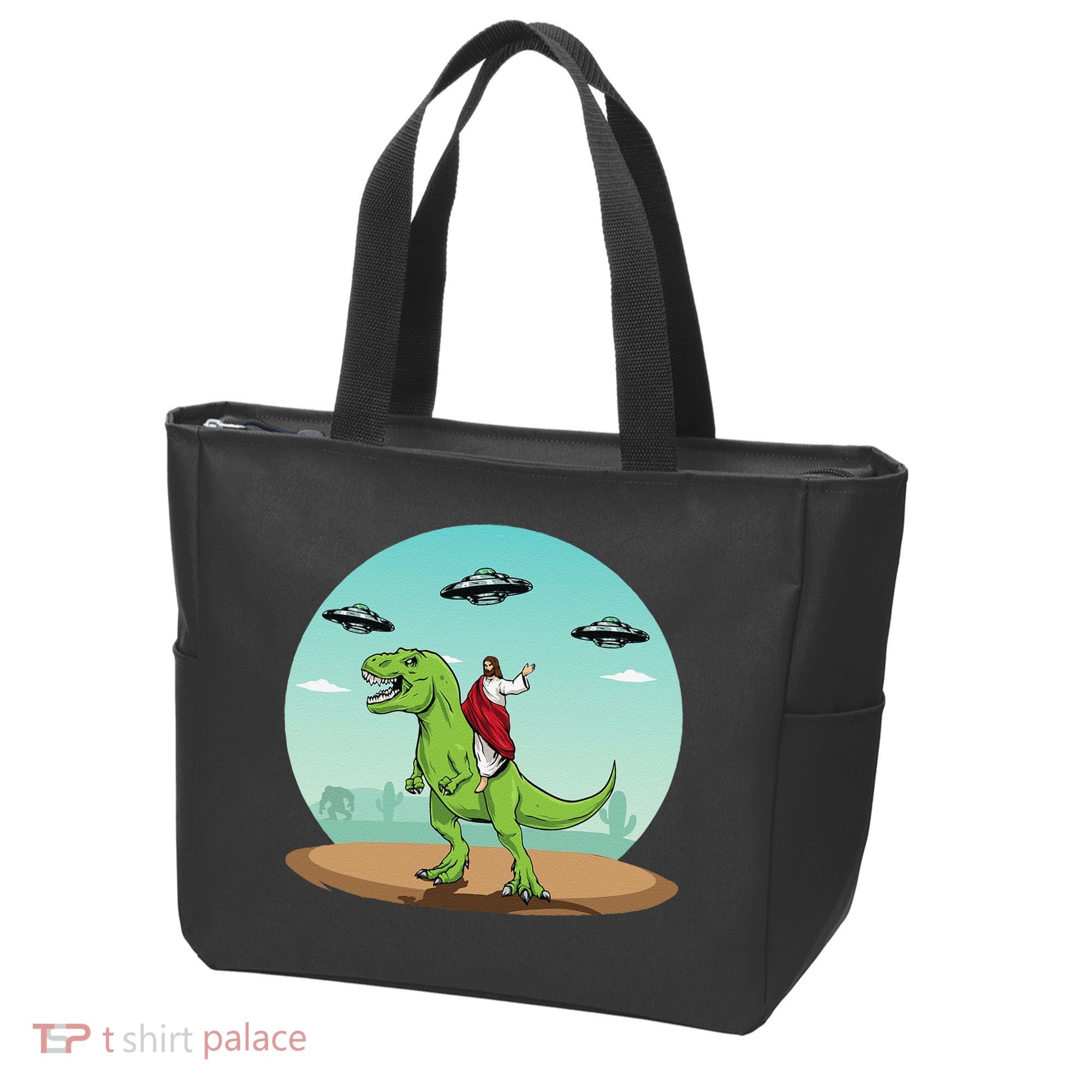 Jesus Riding A Dinosaur Funny Bigfoot UFO Alien Abduction Tote Bag
