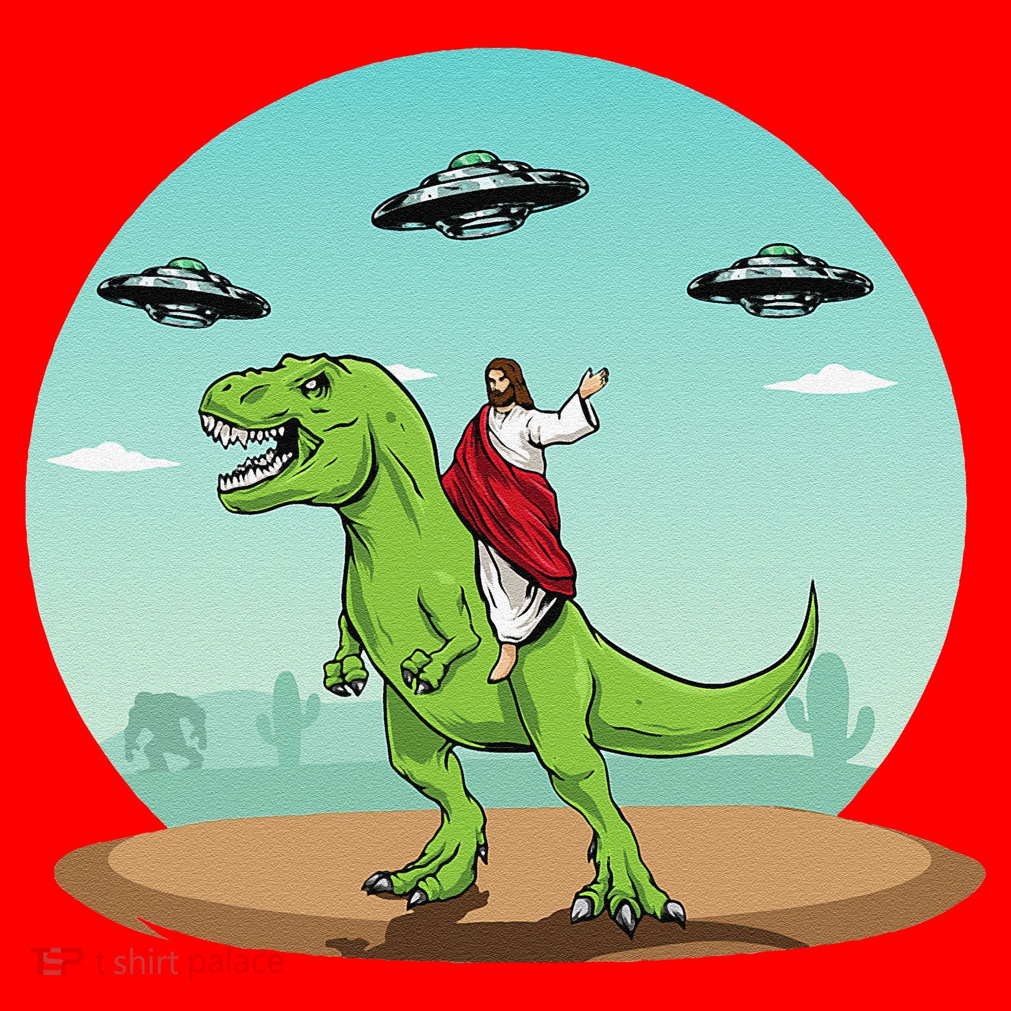 Jesus Riding A Dinosaur Funny Bigfoot UFO Alien Abduction Santa Hat