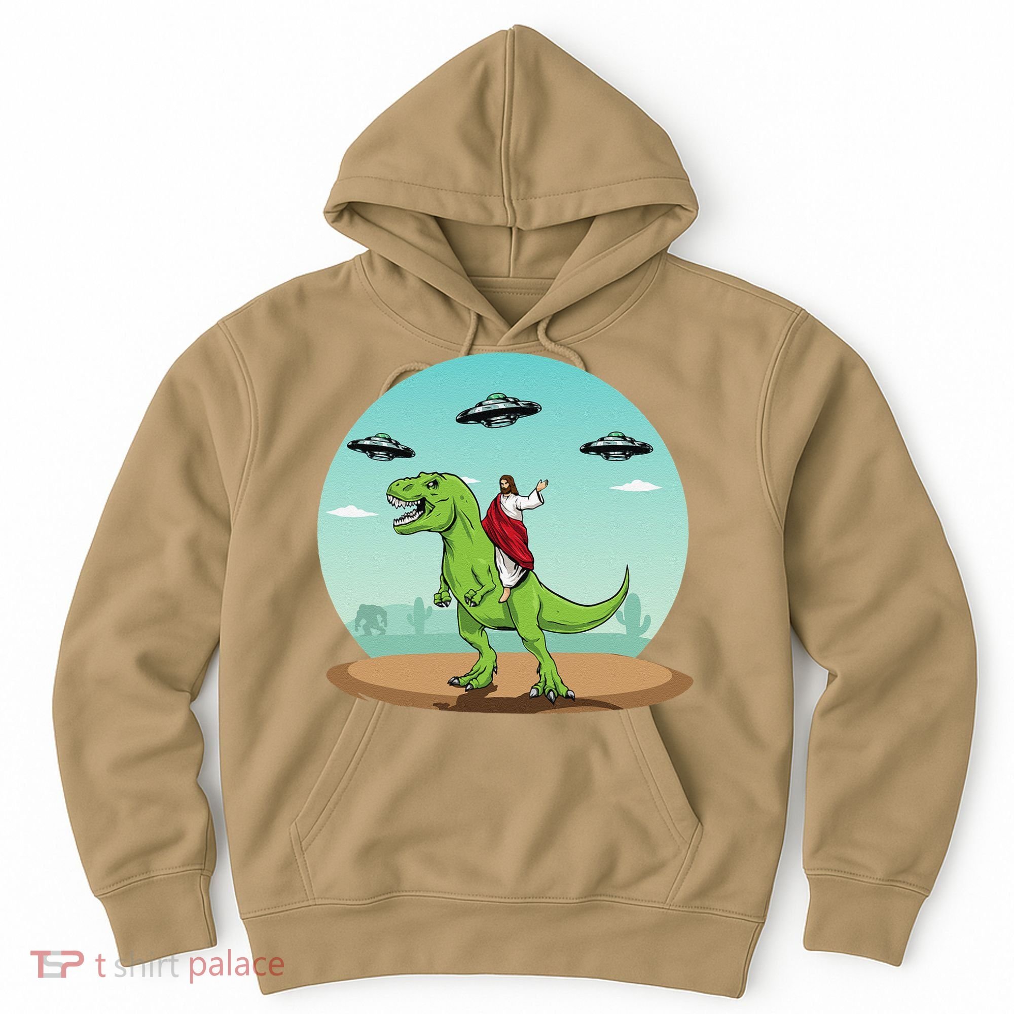 Jesus Riding A Dinosaur Funny Bigfoot UFO Alien Abduction Hoodie