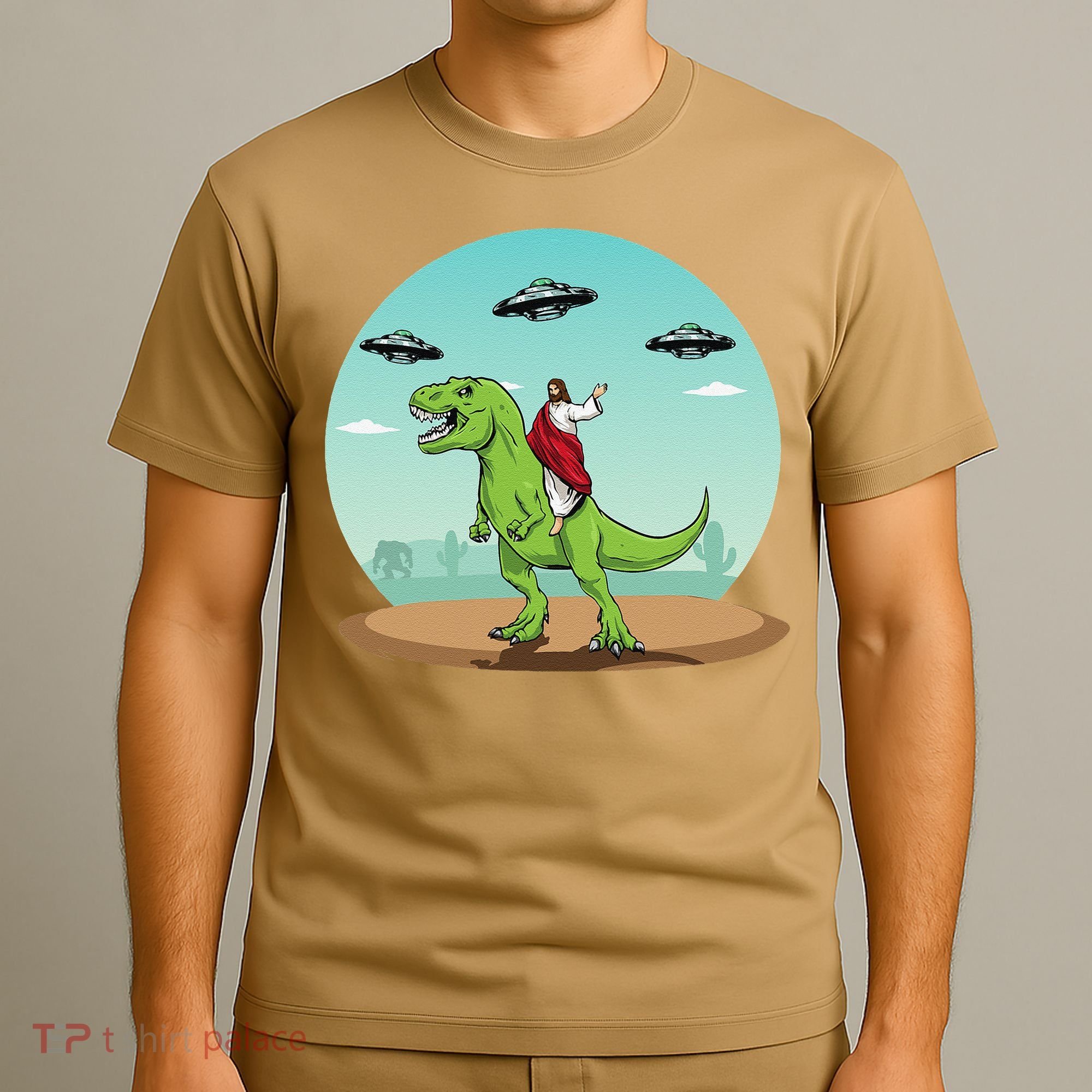 Jesus Riding A Dinosaur Funny Bigfoot UFO Alien Abduction T-Shirt