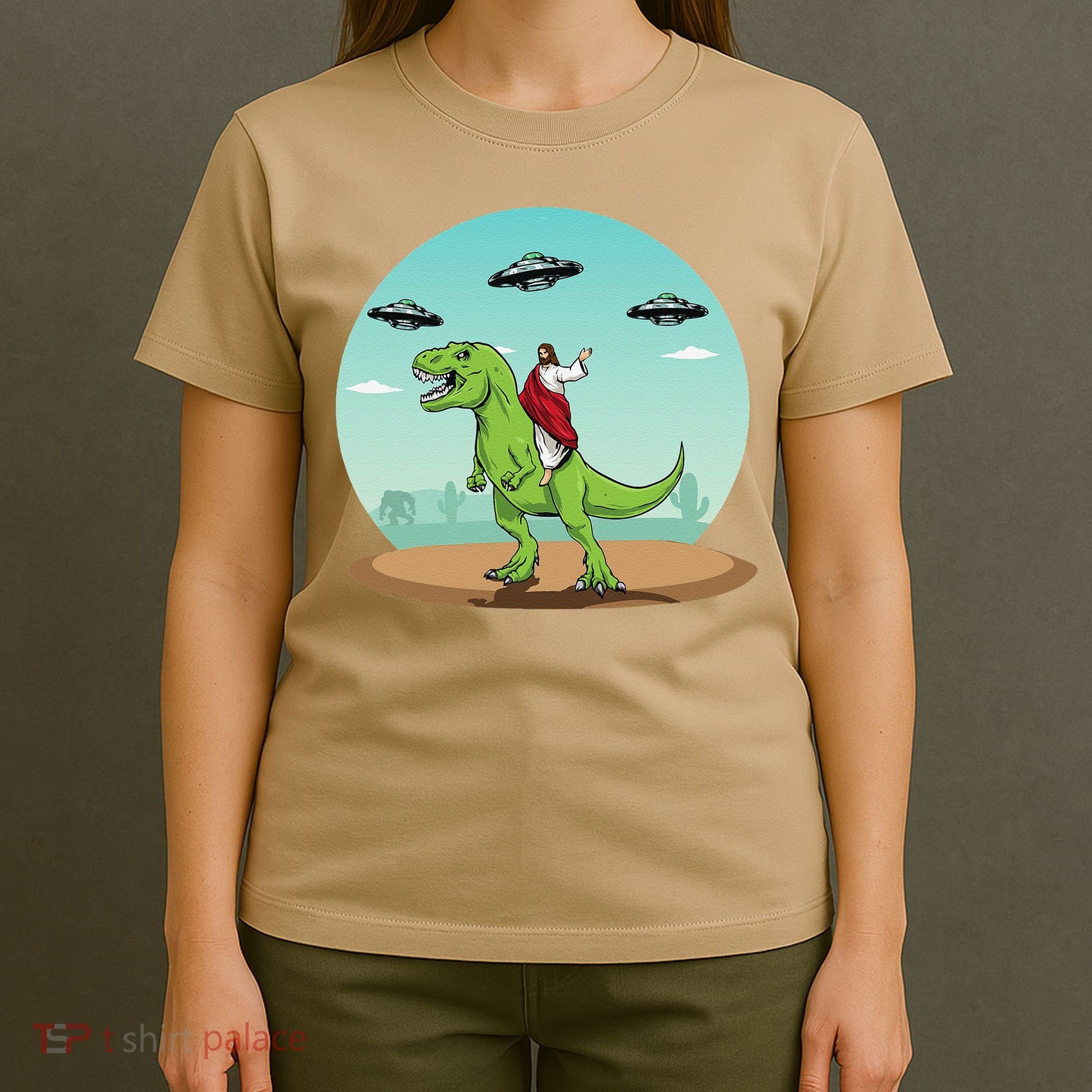 Jesus Riding A Dinosaur Funny Bigfoot UFO Alien Abduction T-Shirt