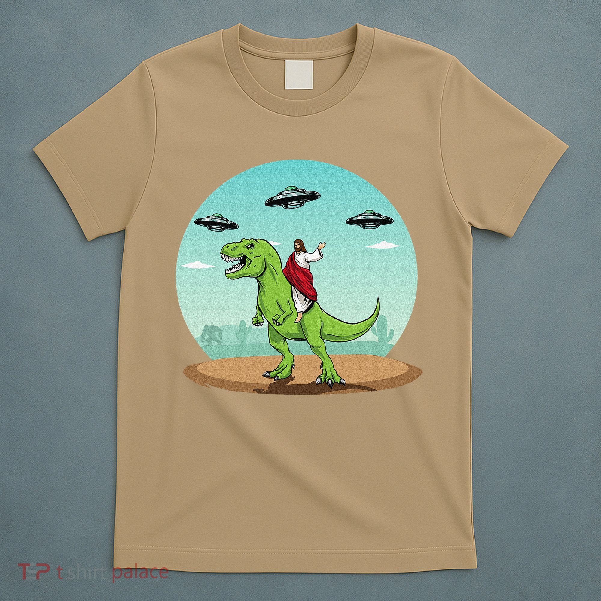 Jesus Riding A Dinosaur Funny Bigfoot UFO Alien Abduction T-Shirt