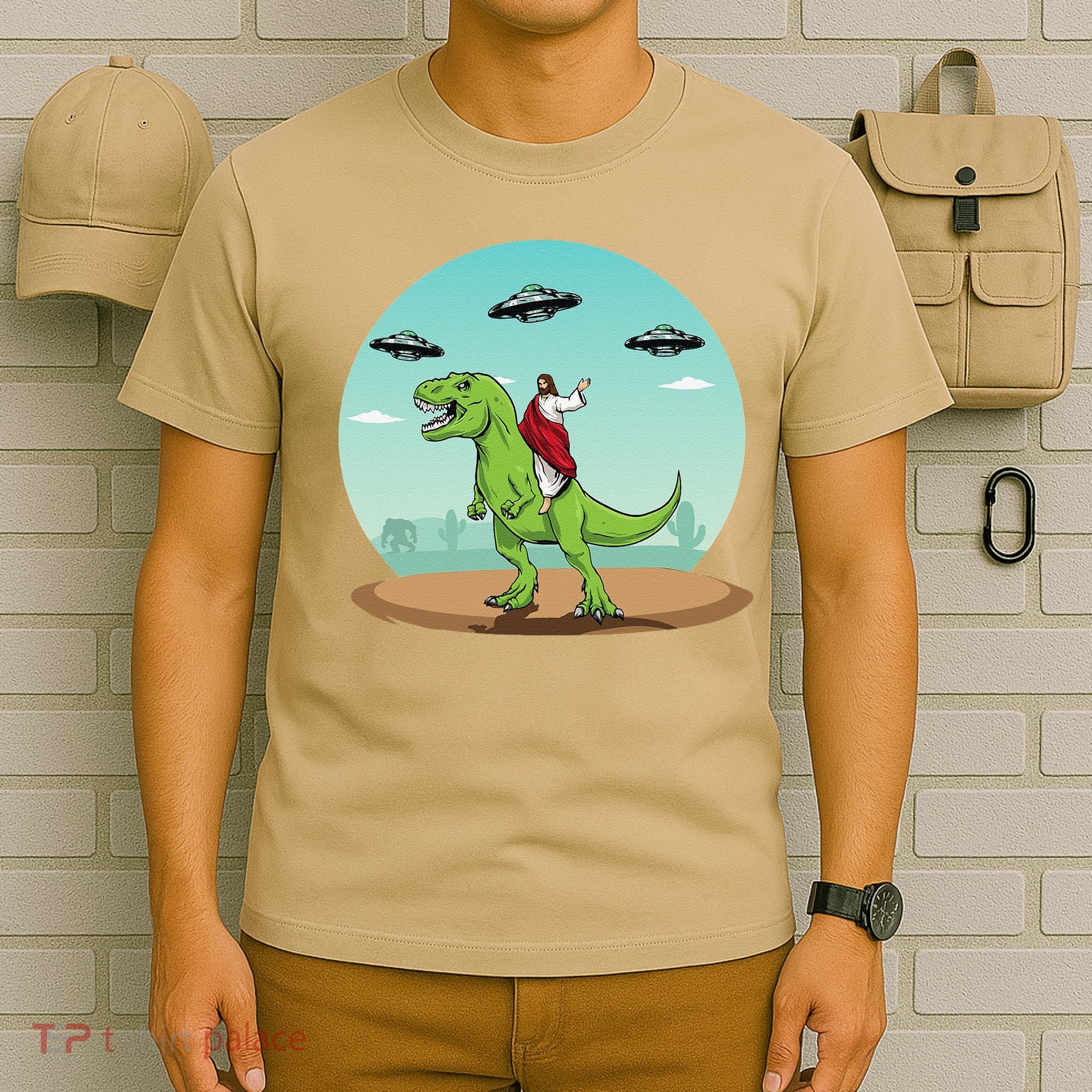 Jesus Riding A Dinosaur Funny Bigfoot UFO Alien Abduction T-Shirt