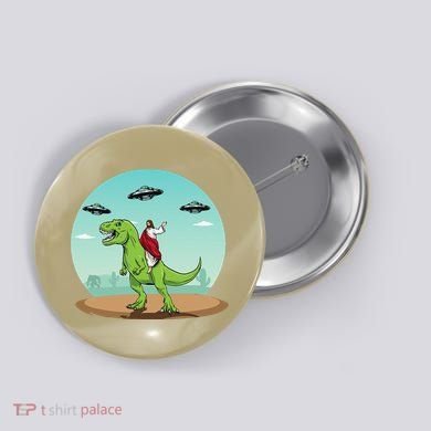 Jesus Riding A Dinosaur Funny Bigfoot UFO Alien Abduction Button