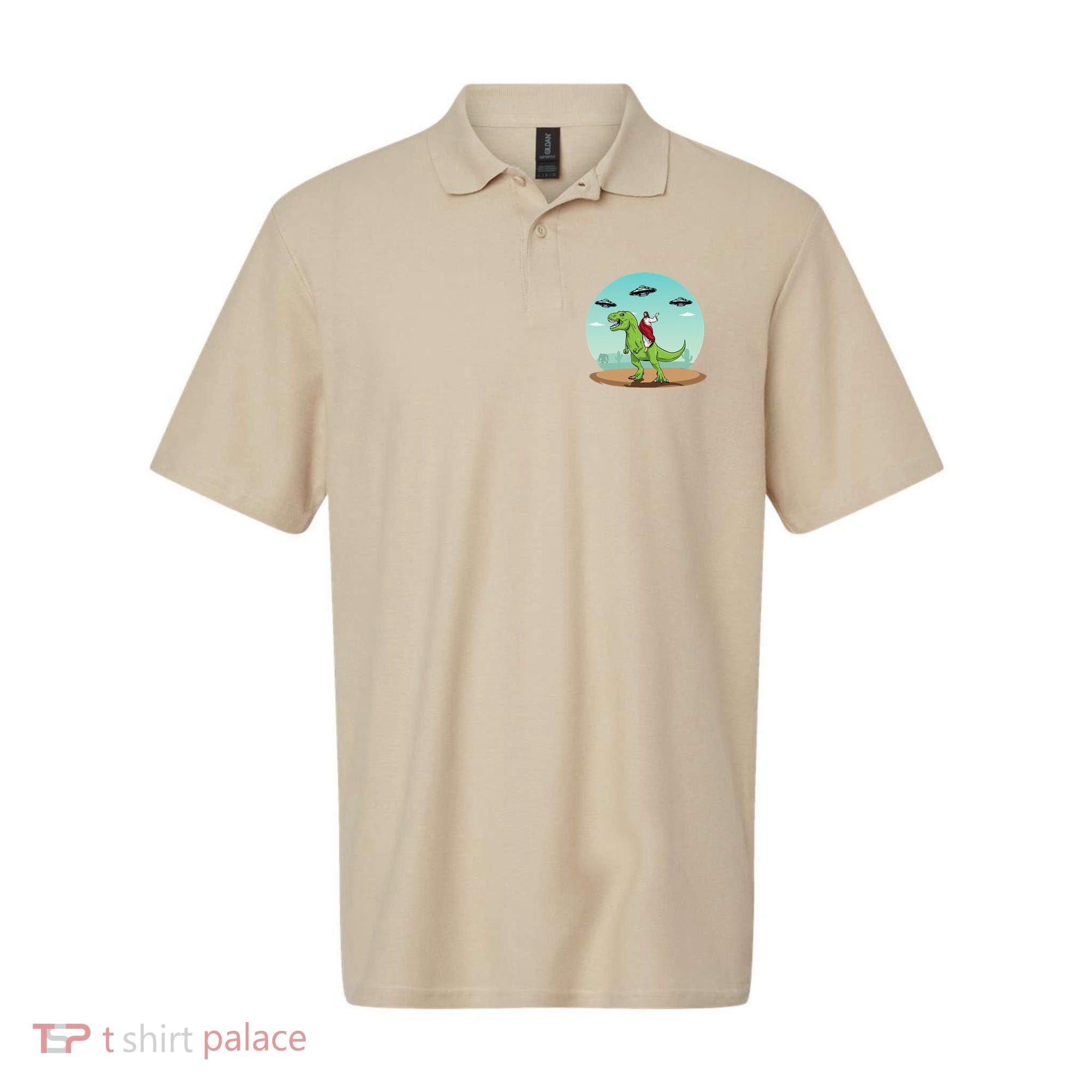 Jesus Riding A Dinosaur Funny Bigfoot UFO Alien Abduction Polo