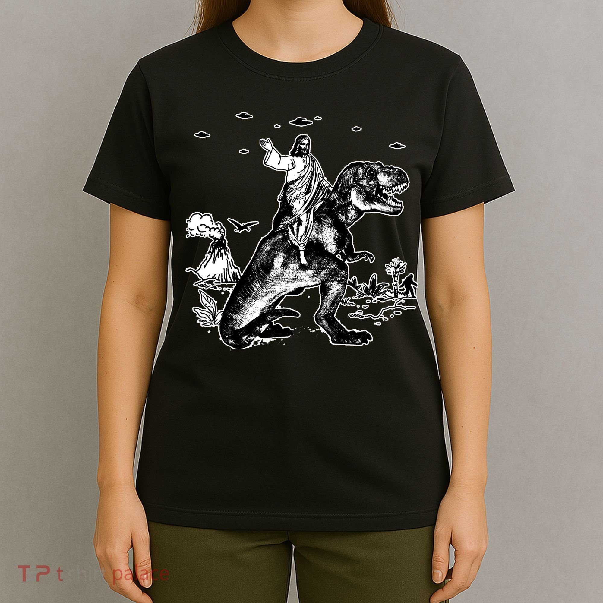 Jesus Riding Dinosaur Funny Ufo T-Shirt