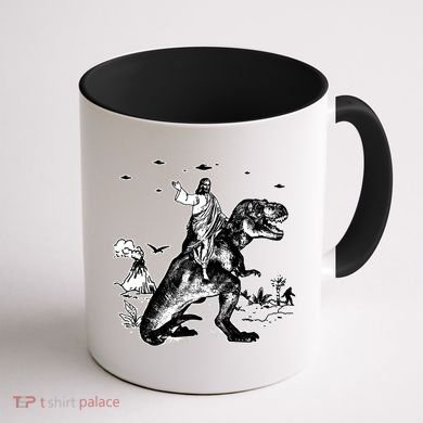 Jesus Riding Dinosaur Funny Ufo Coffee Mug back