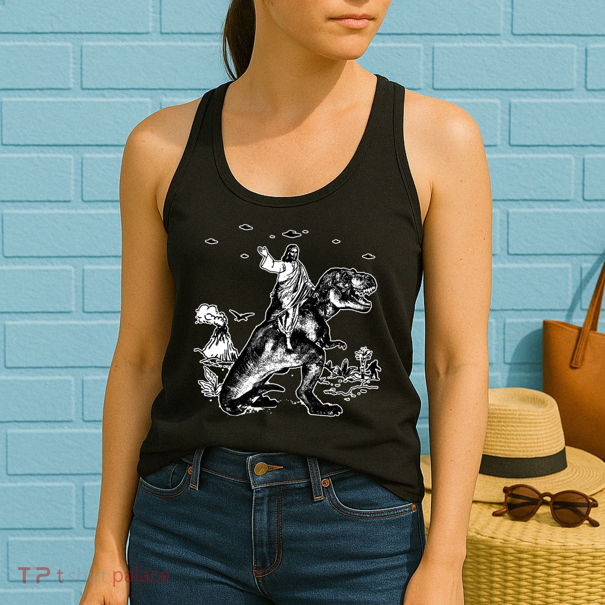 Jesus Riding Dinosaur Funny Ufo Women's Tank Top