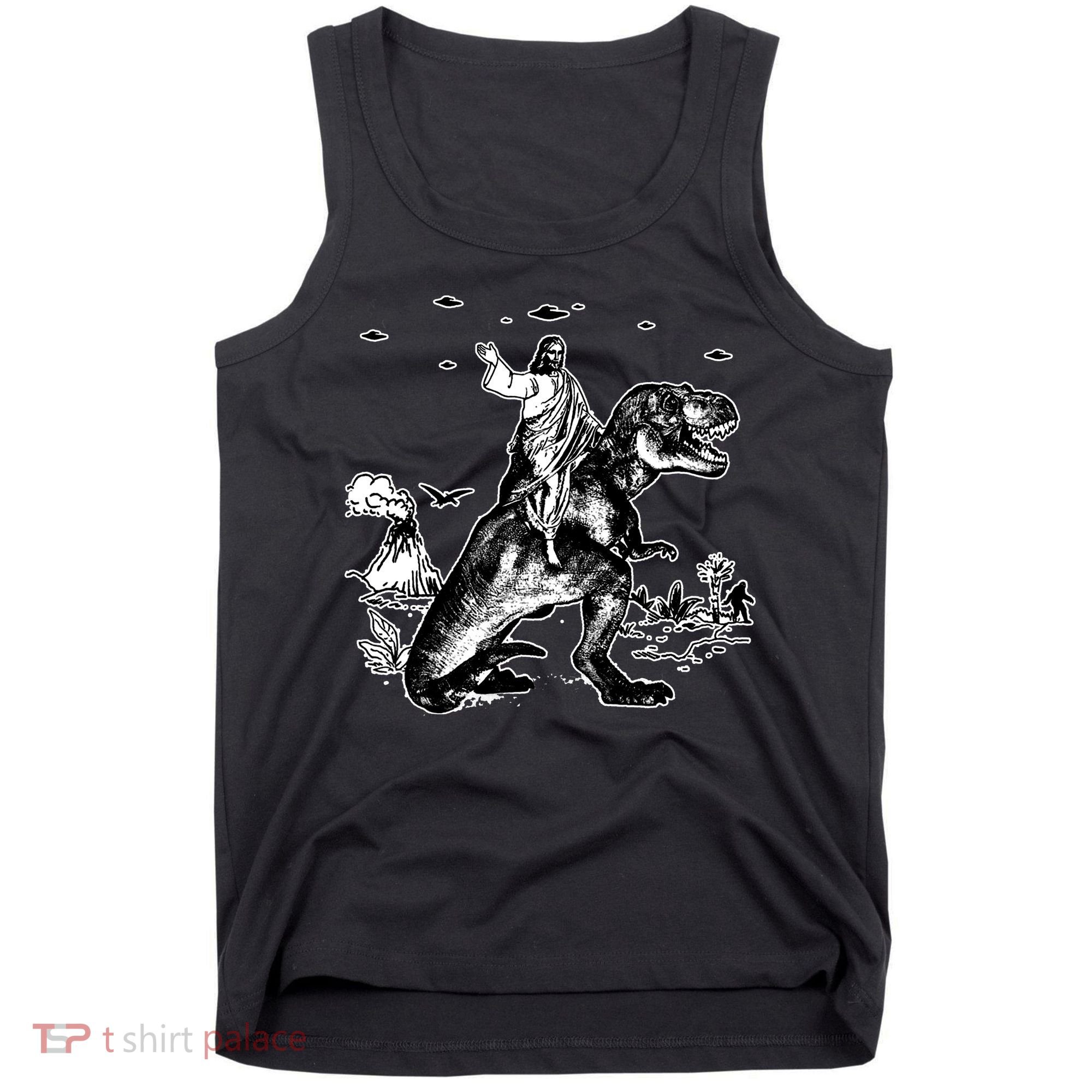 Jesus Riding Dinosaur Funny Ufo Tank Top