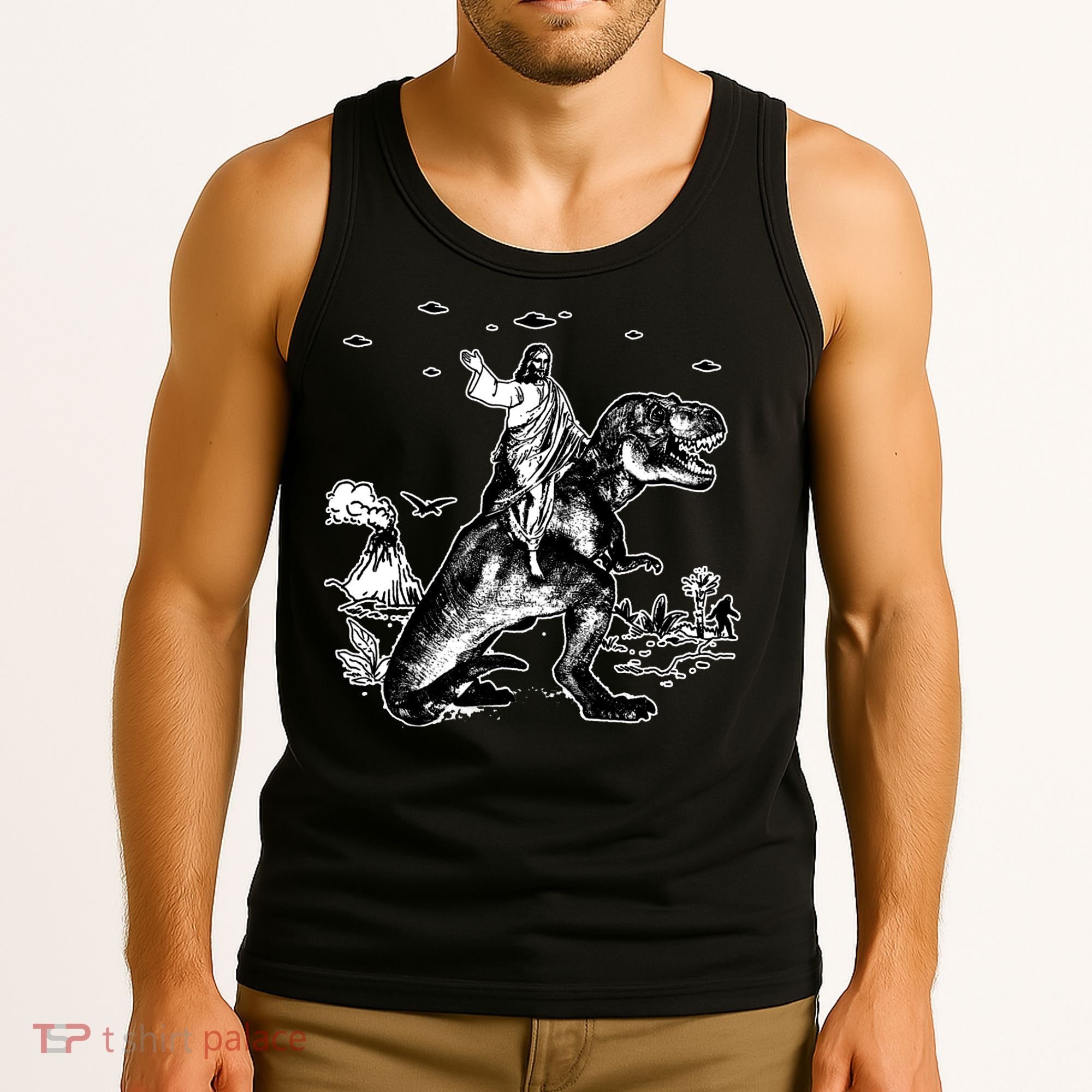 Jesus Riding Dinosaur Funny Ufo Tank Top