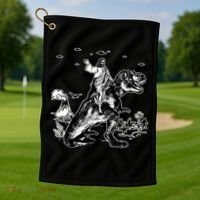 Jesus Riding Dinosaur Funny Ufo Golf Towel thumb 1