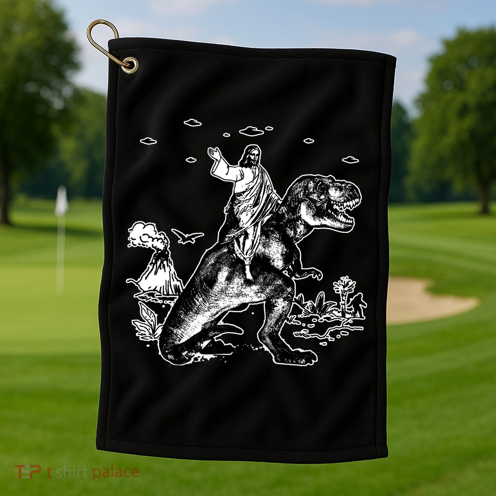 Jesus Riding Dinosaur Funny Ufo Golf Towel