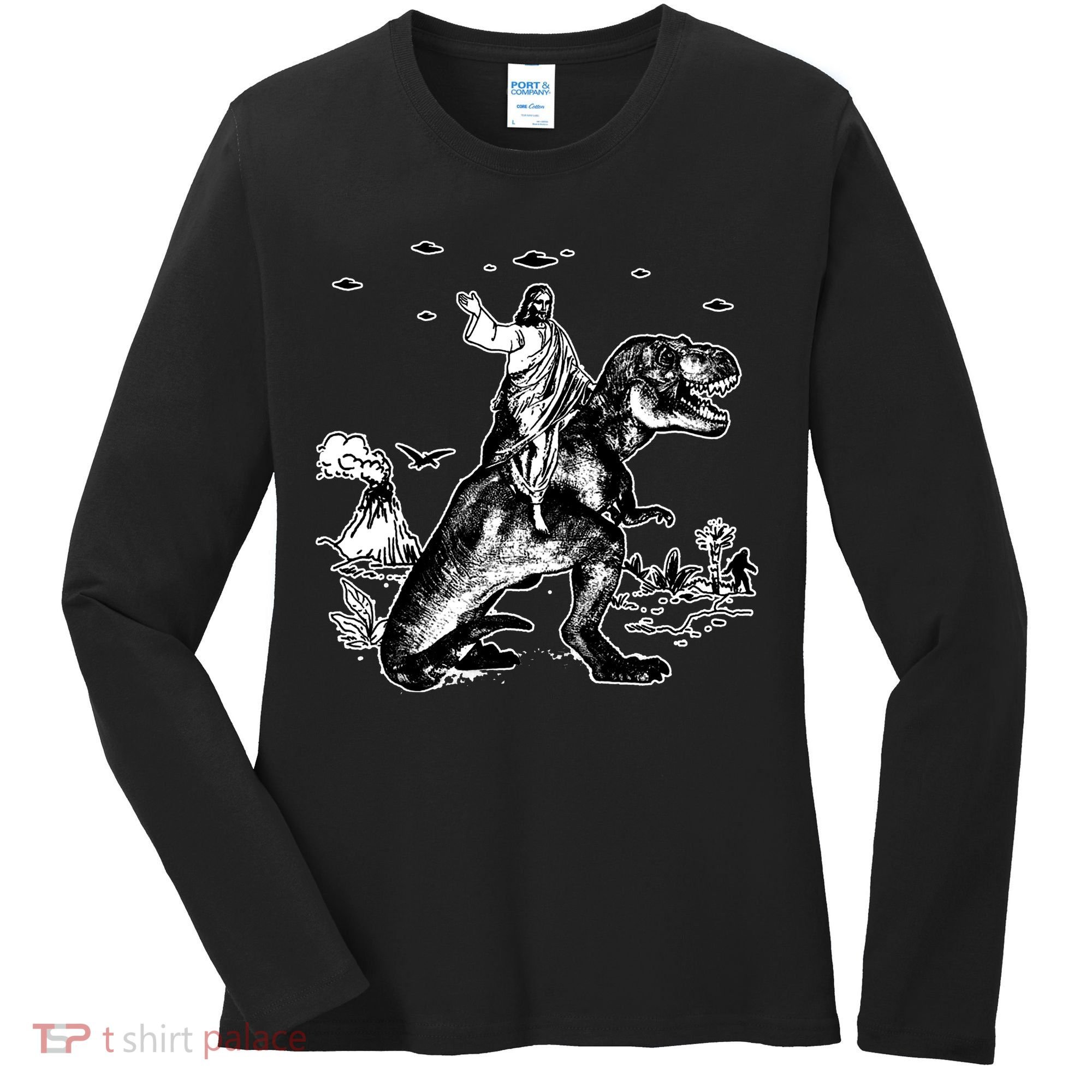 Jesus Riding Dinosaur Funny Ufo Women's Long Sleeve Shirt
