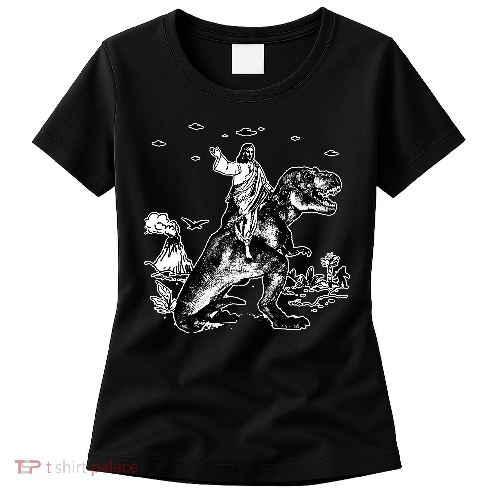 Jesus Riding Dinosaur Funny Ufo Women's T-Shirt
