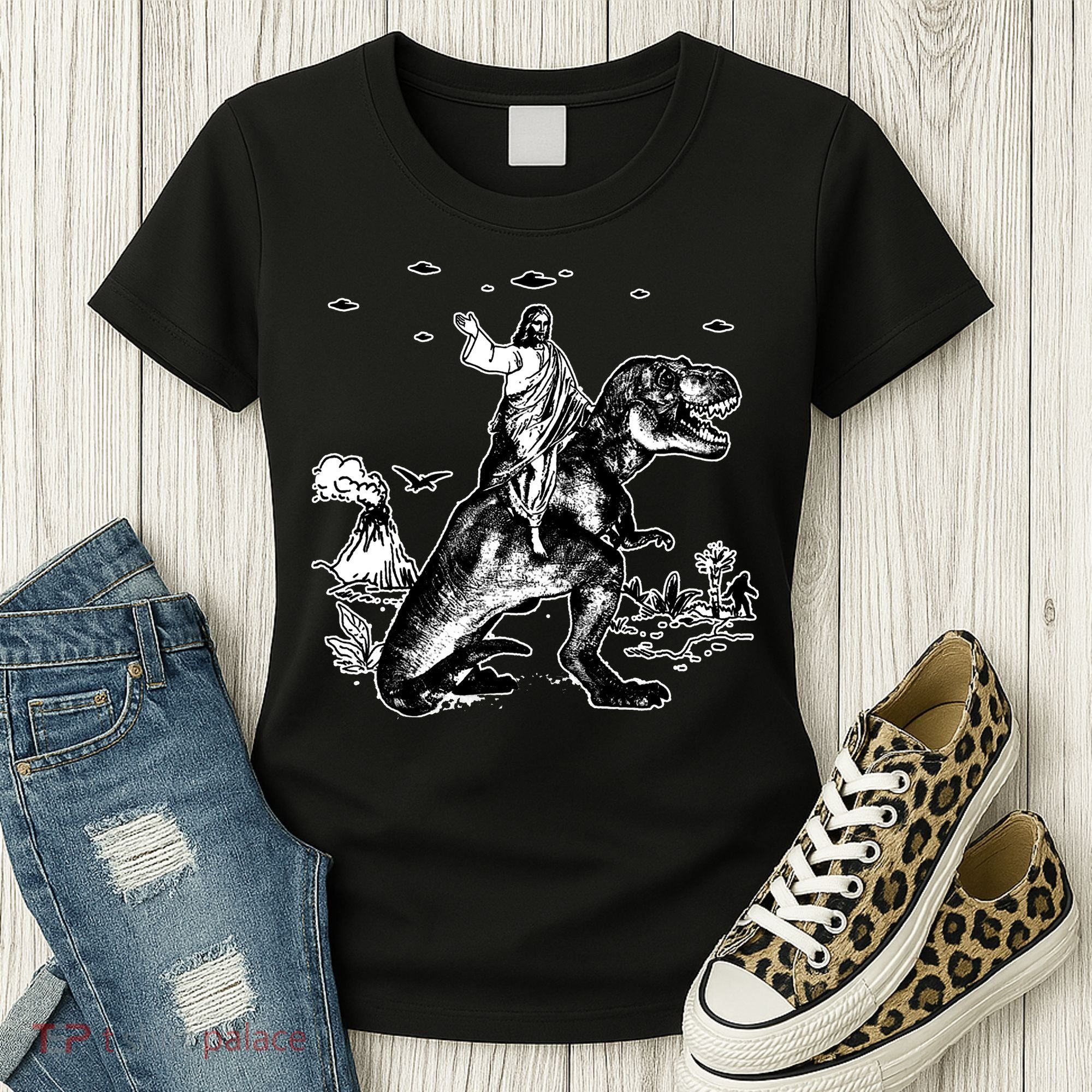 Jesus Riding Dinosaur Funny Ufo Women's T-Shirt