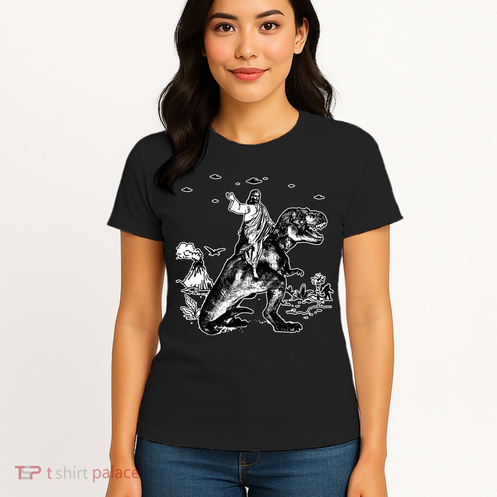 Jesus Riding Dinosaur Funny Ufo Women's T-Shirt