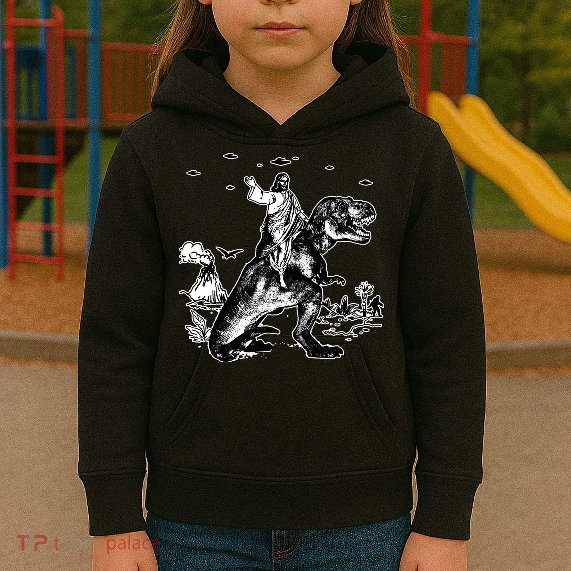 Jesus Riding Dinosaur Funny Ufo Kids Hoodie