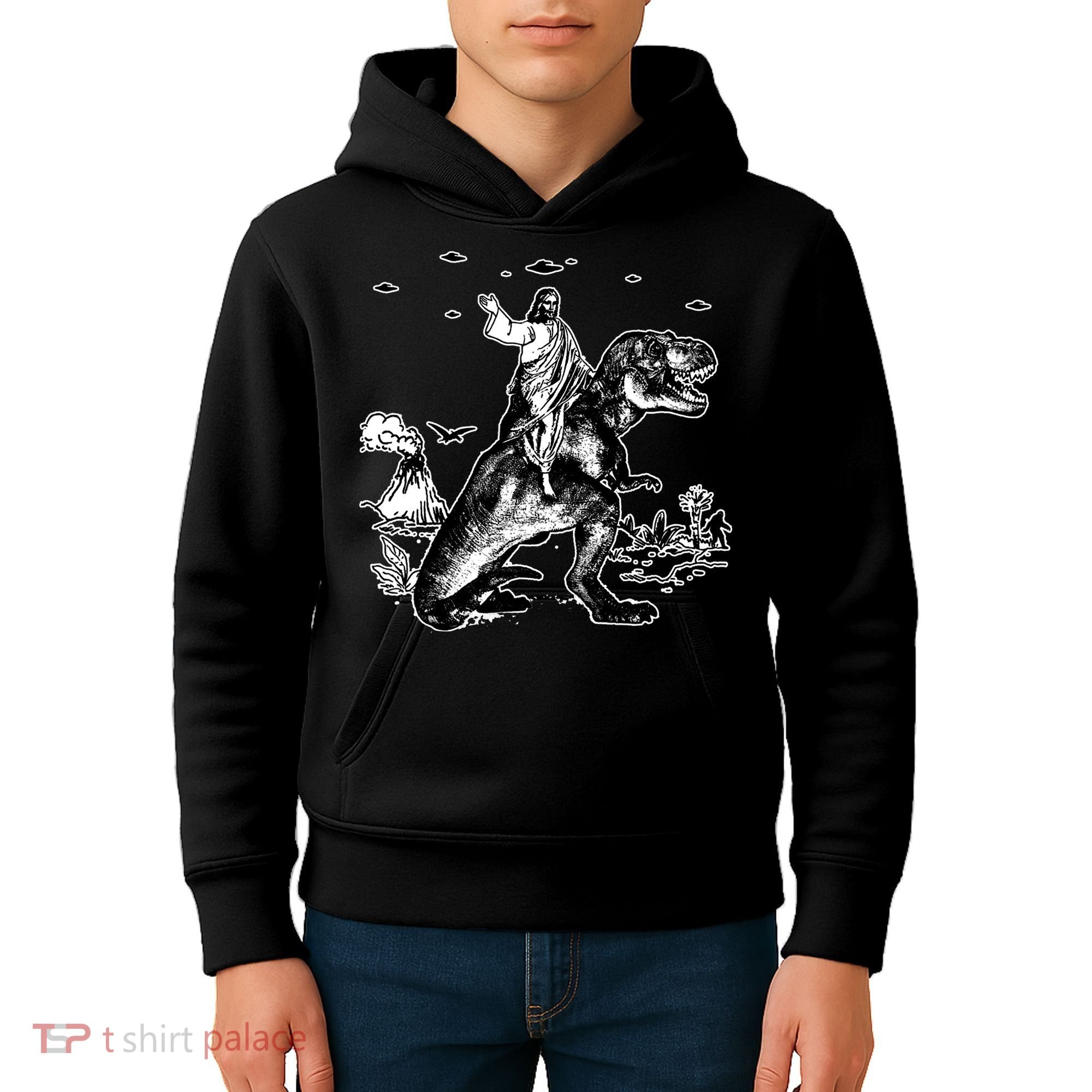 Jesus Riding Dinosaur Funny Ufo Kids Hoodie