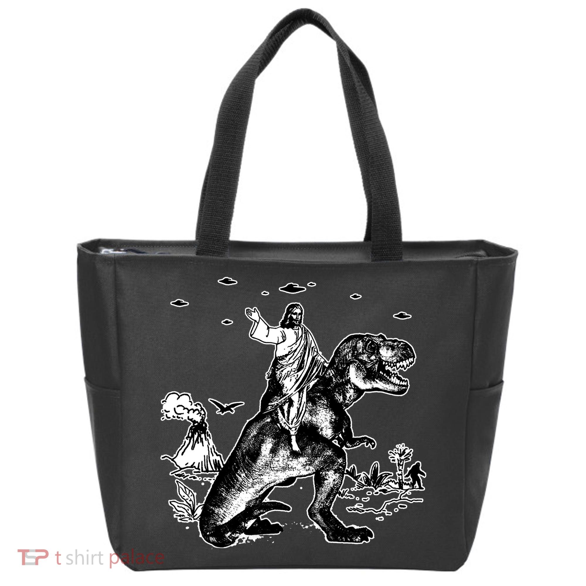 Jesus Riding Dinosaur Funny Ufo Tote Bag
