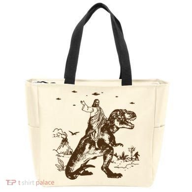 Jesus Riding Dinosaur Ufo Funny Tote Bag