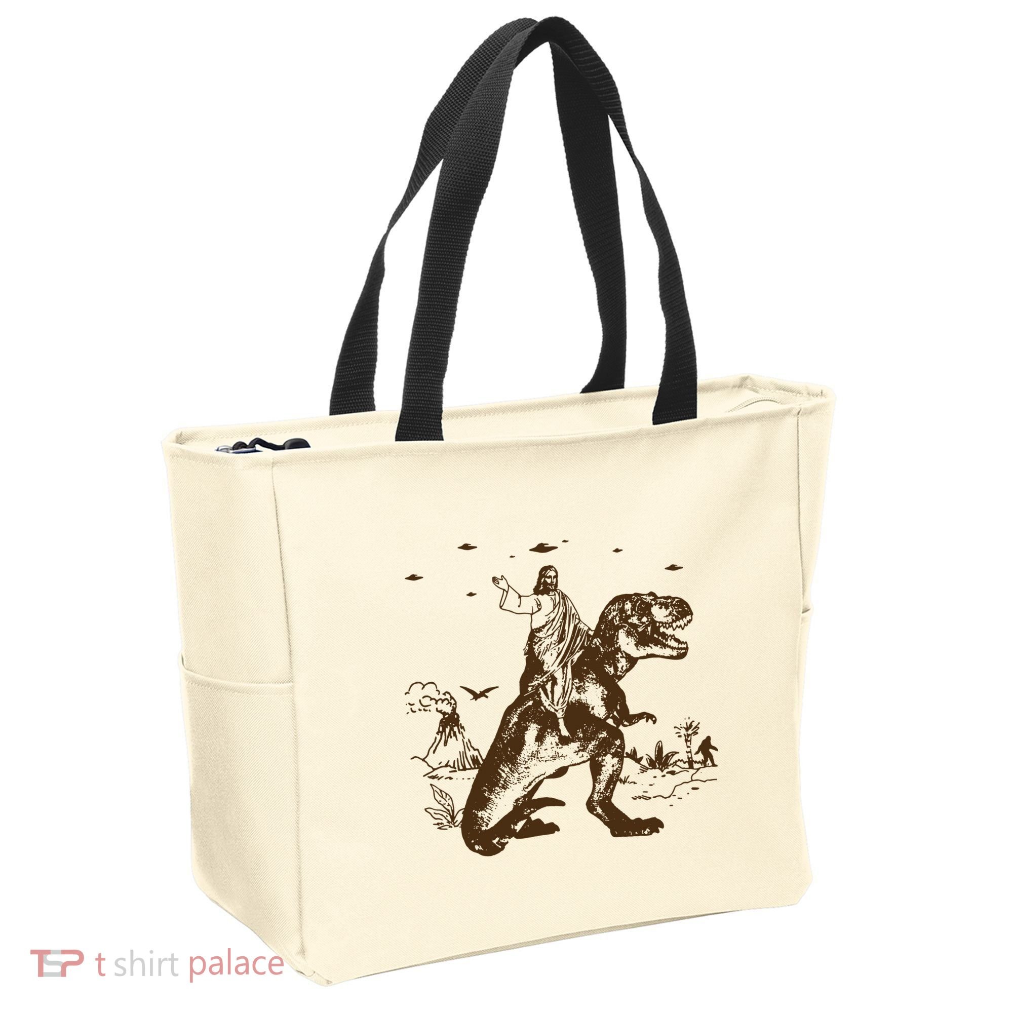 Jesus Riding Dinosaur Ufo Funny Tote Bag