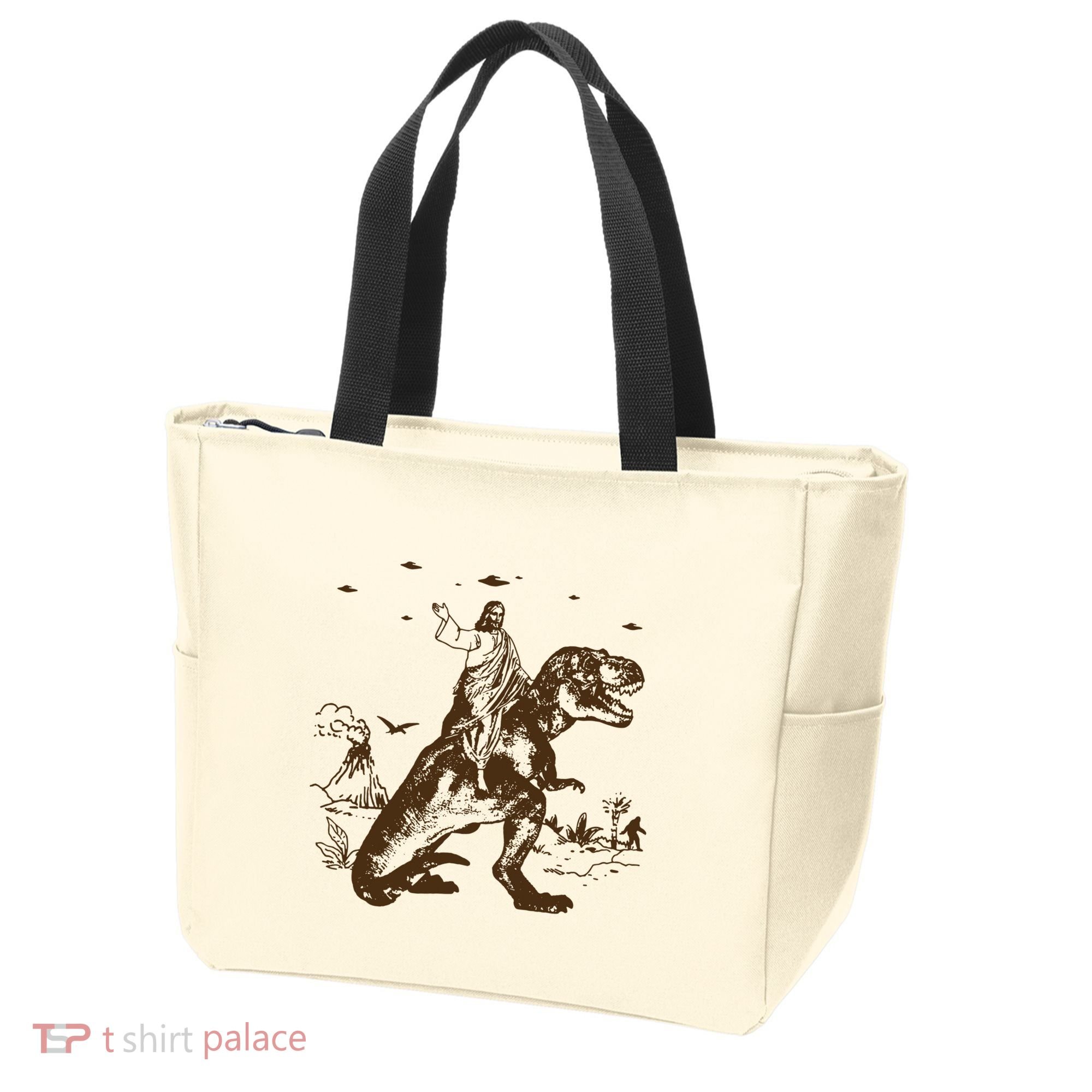 Jesus Riding Dinosaur Ufo Funny Tote Bag