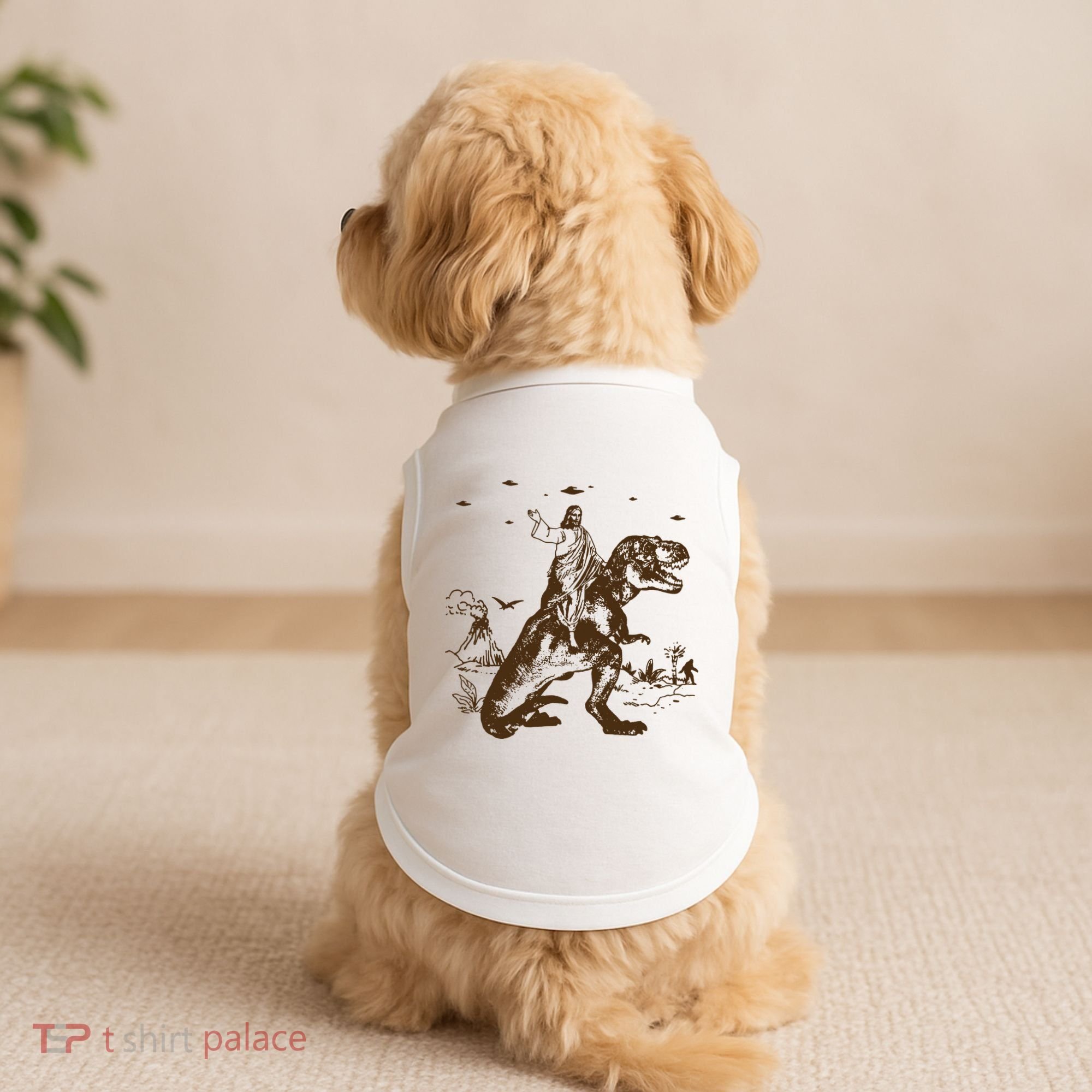 Jesus Riding Dinosaur Ufo Funny Doggie Tank