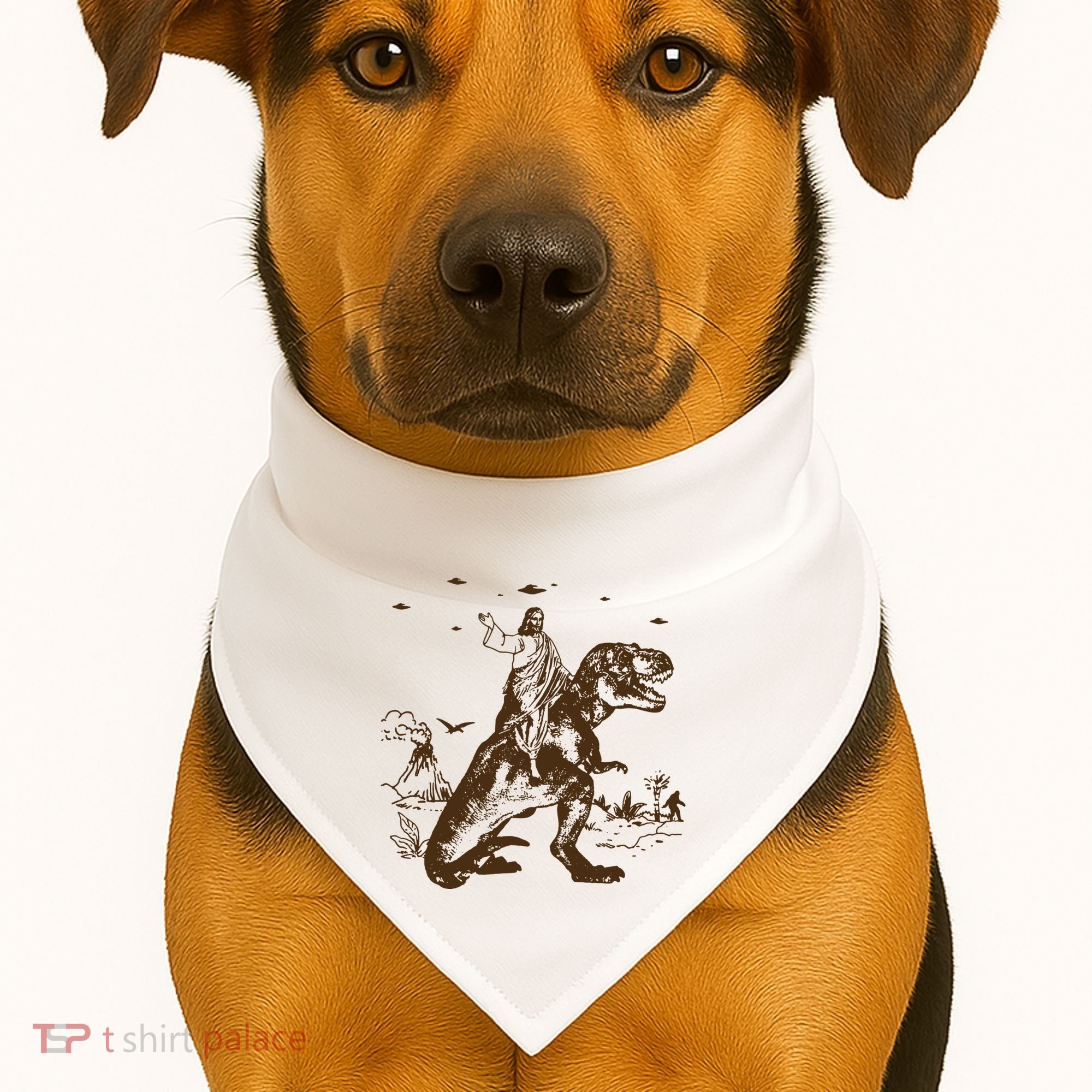 Jesus Riding Dinosaur Ufo Funny USA-Made Doggie Bandana