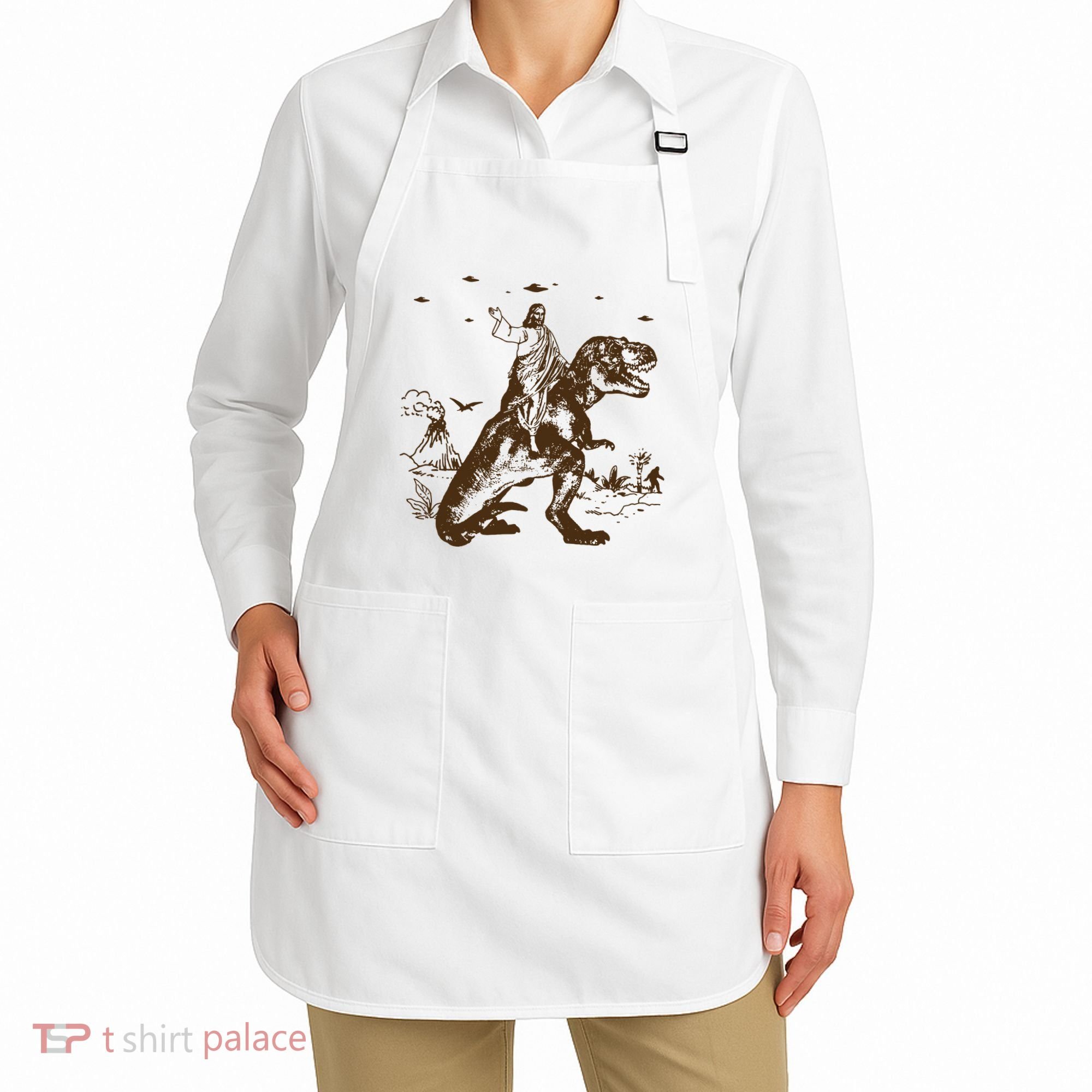 Jesus Riding Dinosaur Ufo Funny Apron