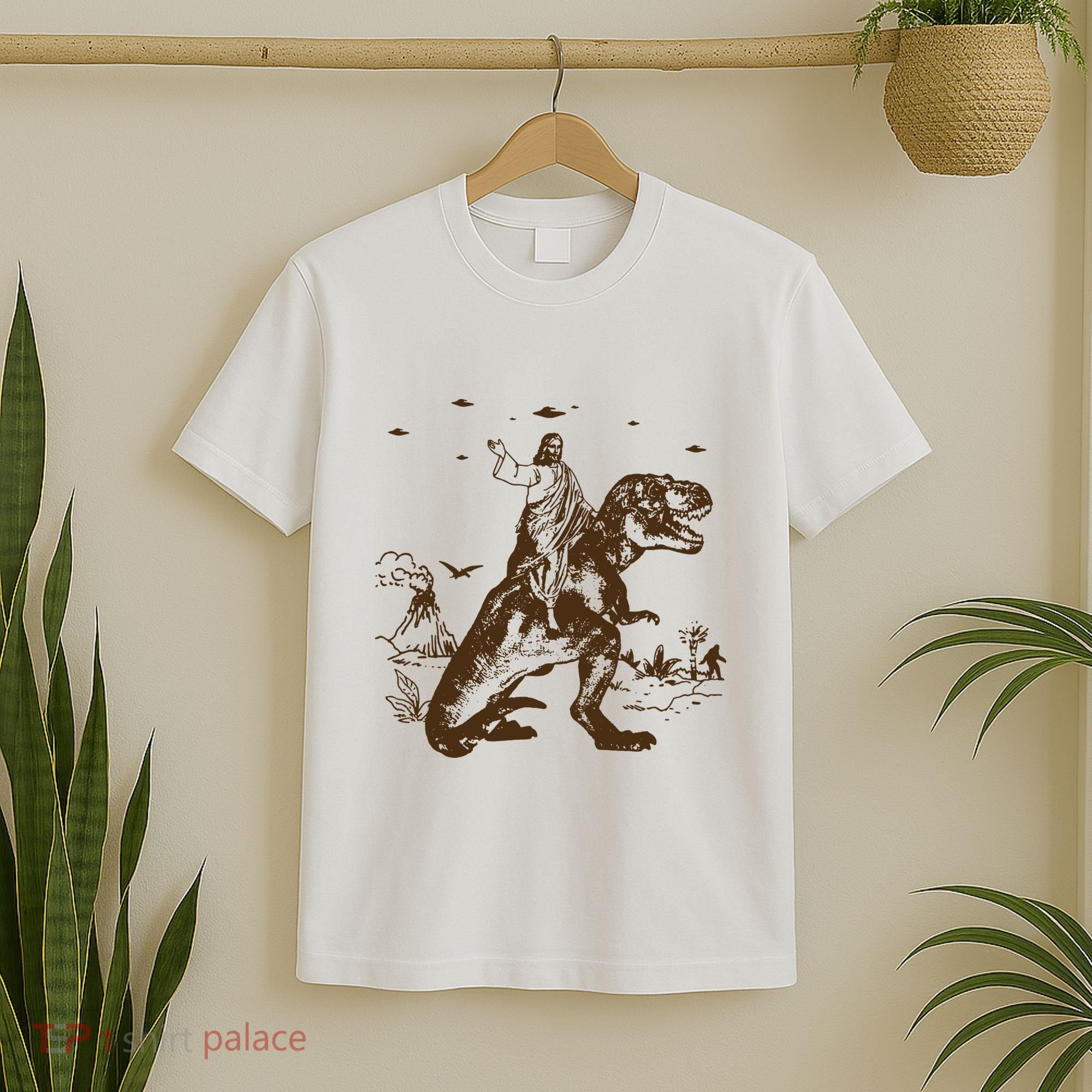 Jesus Riding Dinosaur Ufo Funny T-Shirt