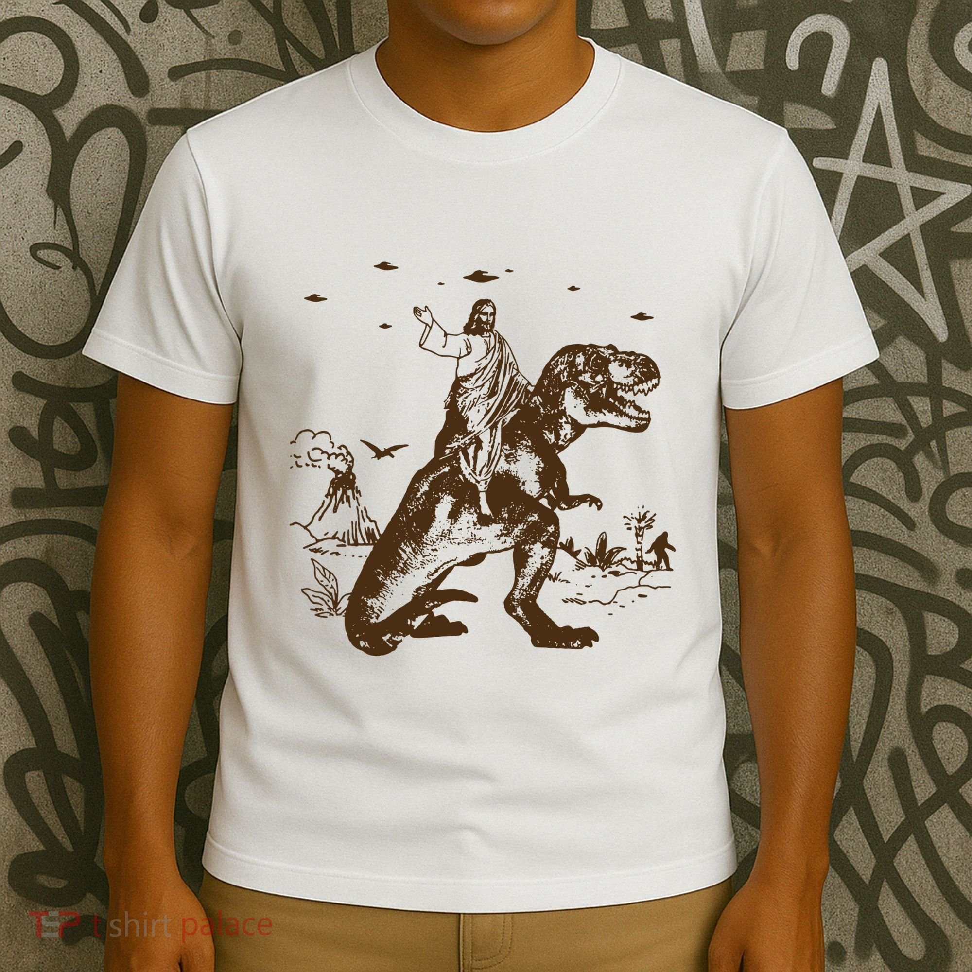 Jesus Riding Dinosaur Ufo Funny T-Shirt
