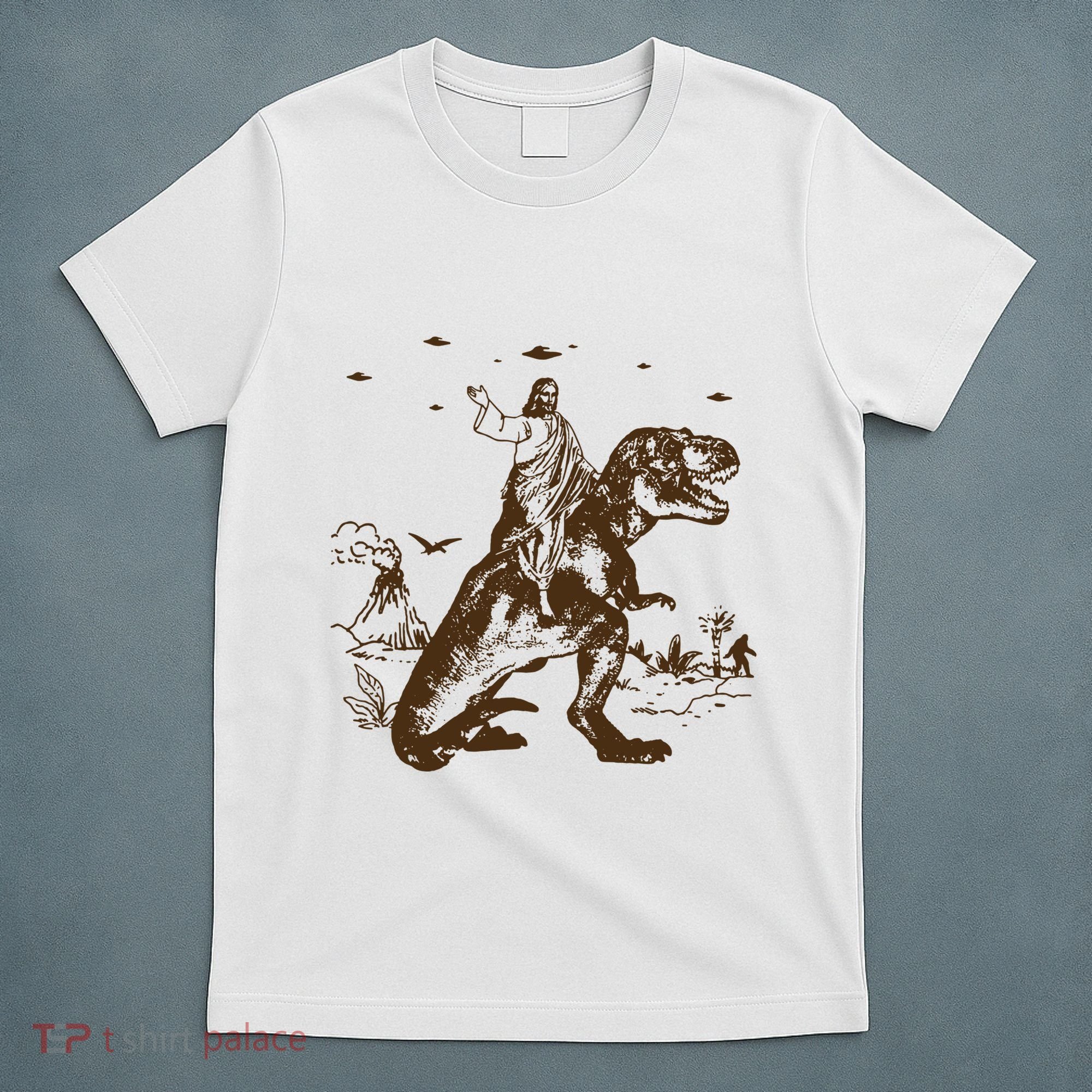 Jesus Riding Dinosaur Ufo Funny T-Shirt