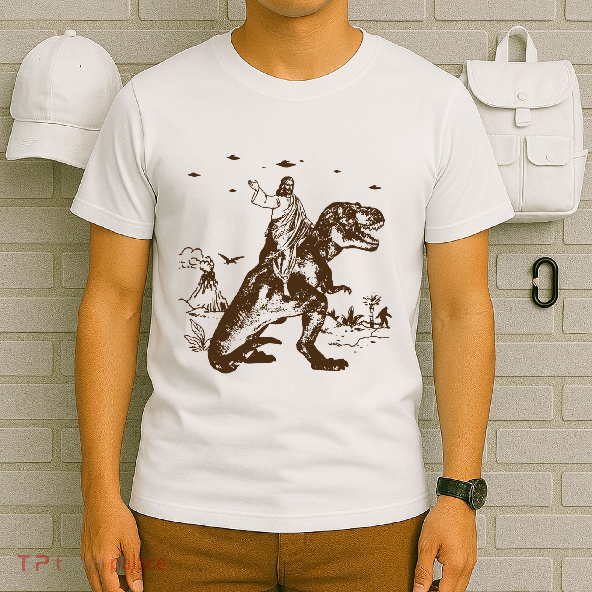 Jesus Riding Dinosaur Ufo Funny T-Shirt