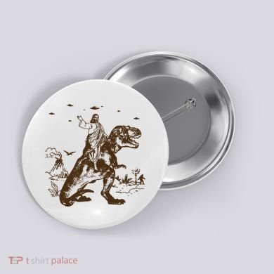 Jesus Riding Dinosaur Ufo Funny Button