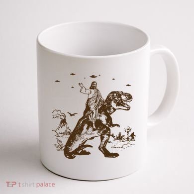 Jesus Riding Dinosaur Ufo Funny Coffee Mug back