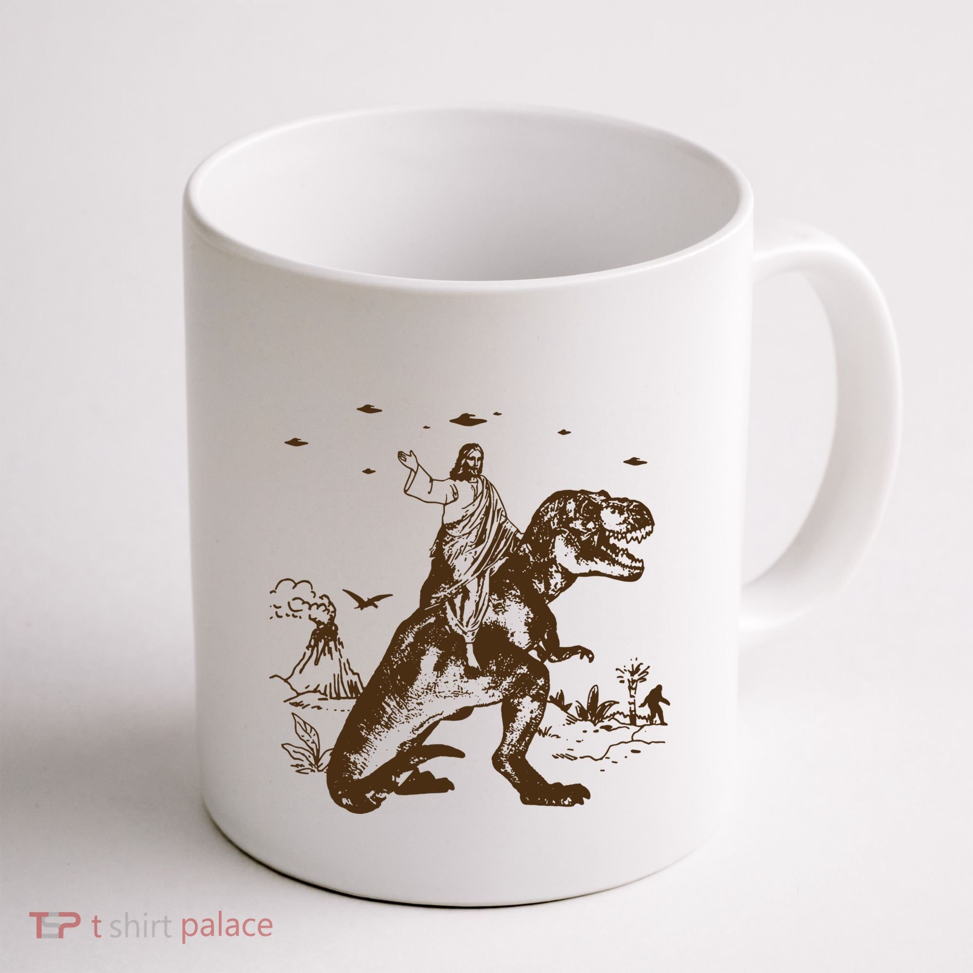 Jesus Riding Dinosaur Ufo Funny Coffee Mug