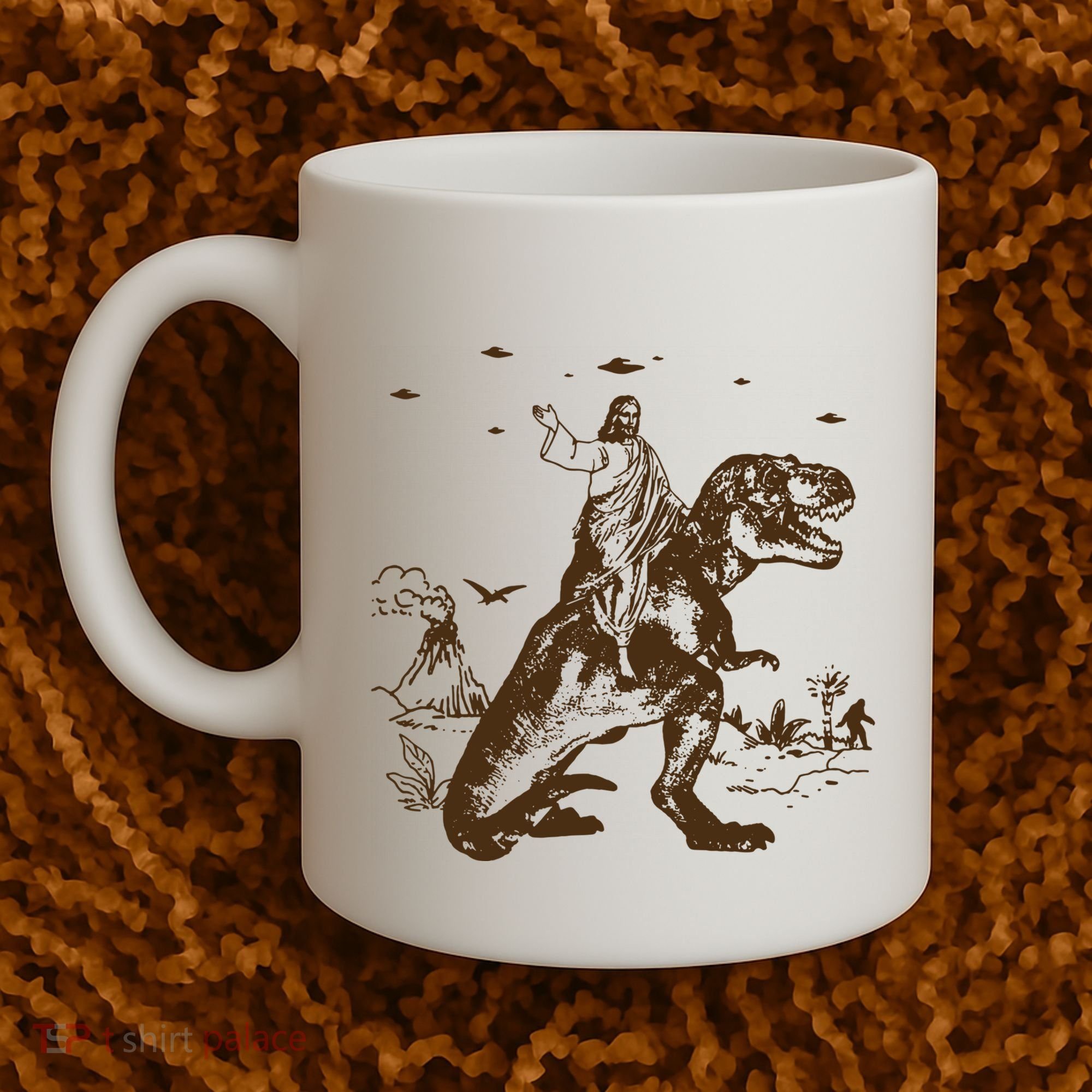 Jesus Riding Dinosaur Ufo Funny Coffee Mug