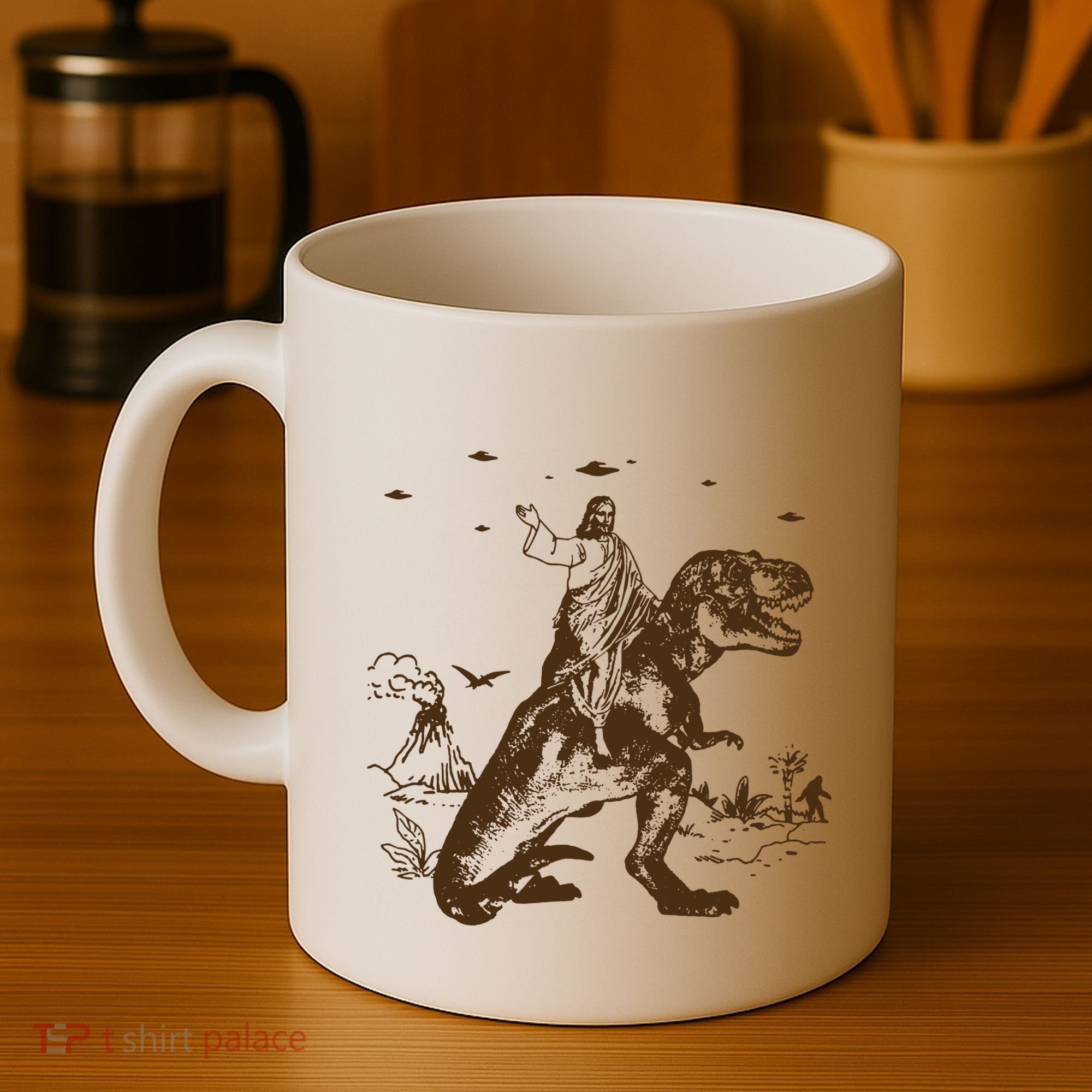 Jesus Riding Dinosaur Ufo Funny Coffee Mug