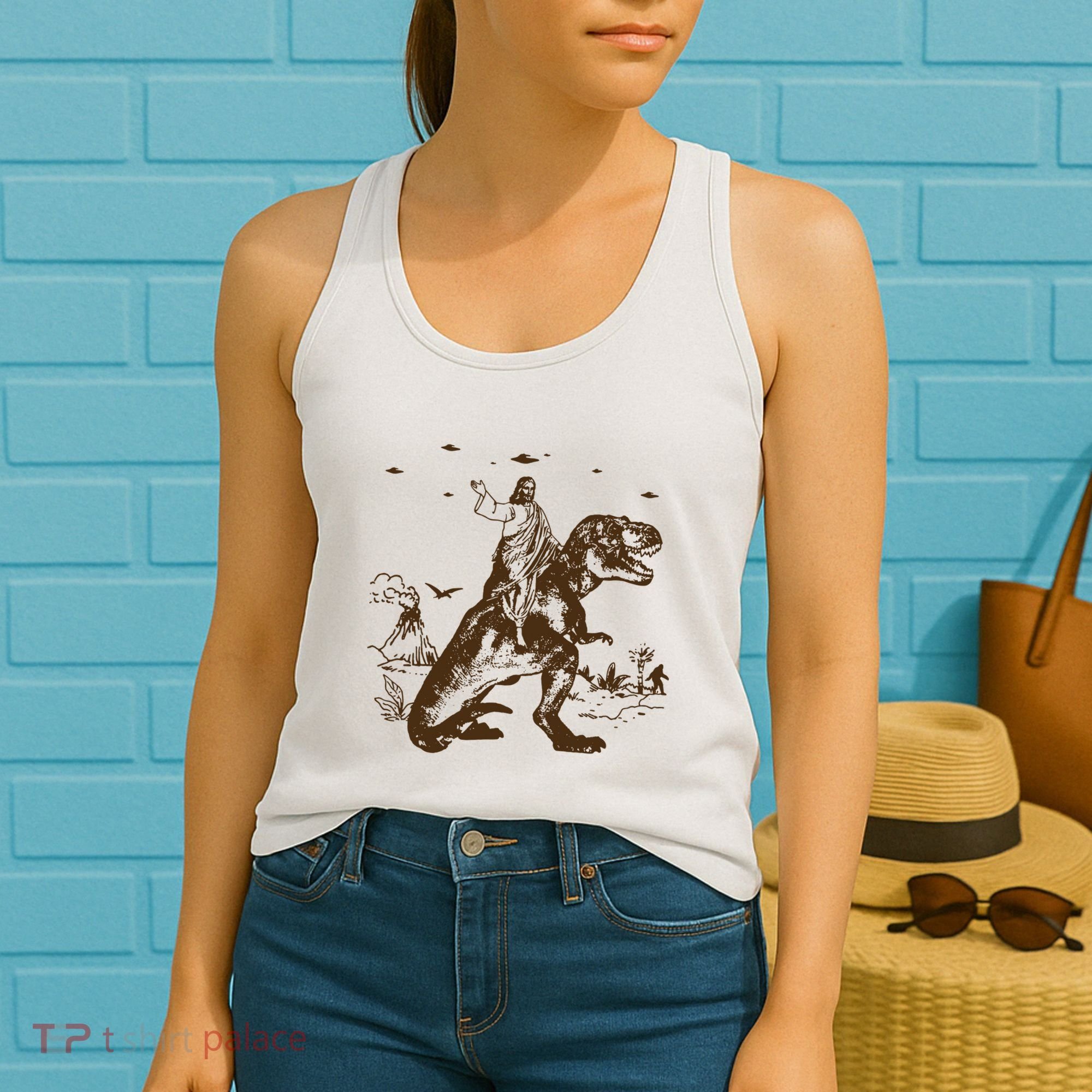 Jesus Riding Dinosaur Ufo Funny Women's Tank Top