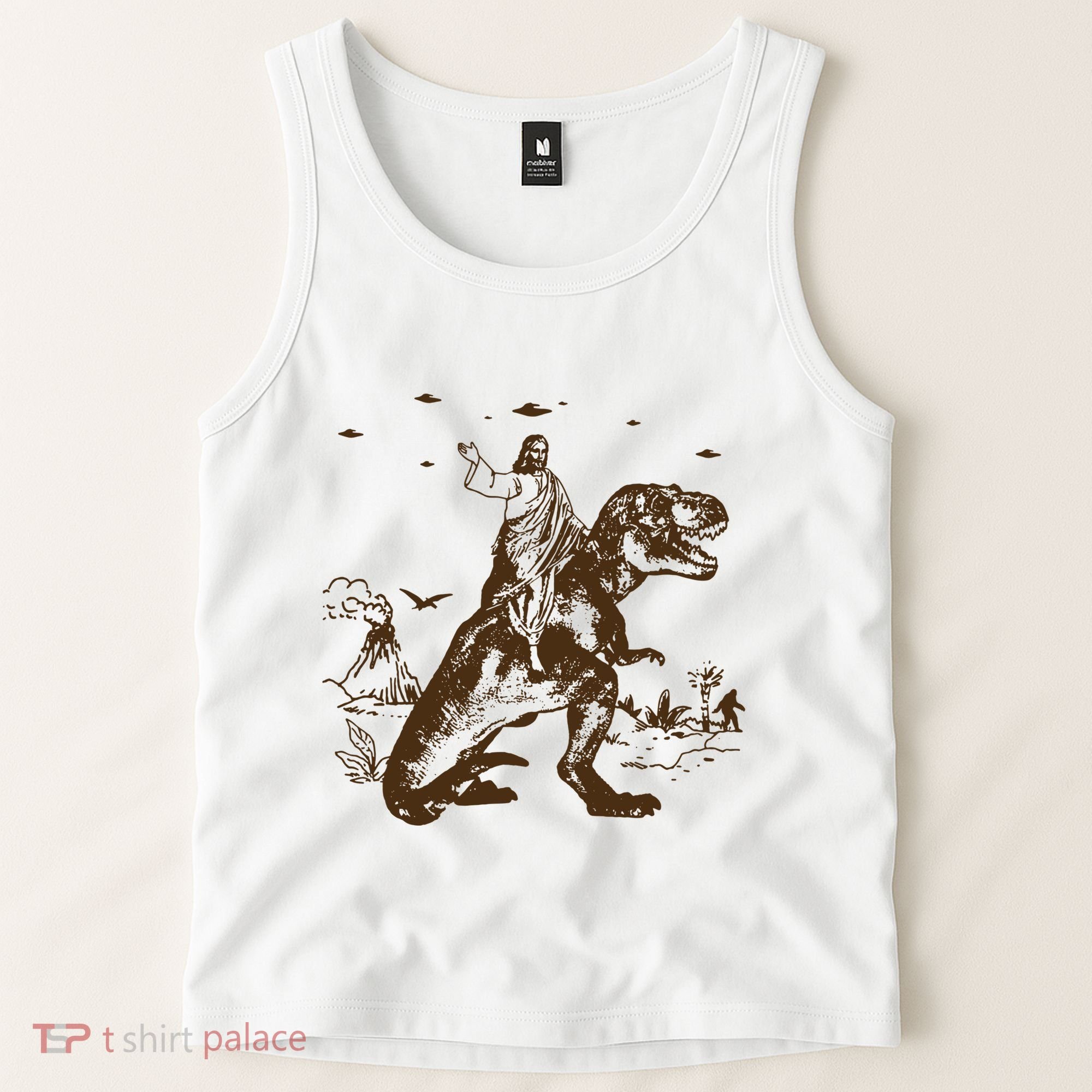Jesus Riding Dinosaur Ufo Funny Tank Top