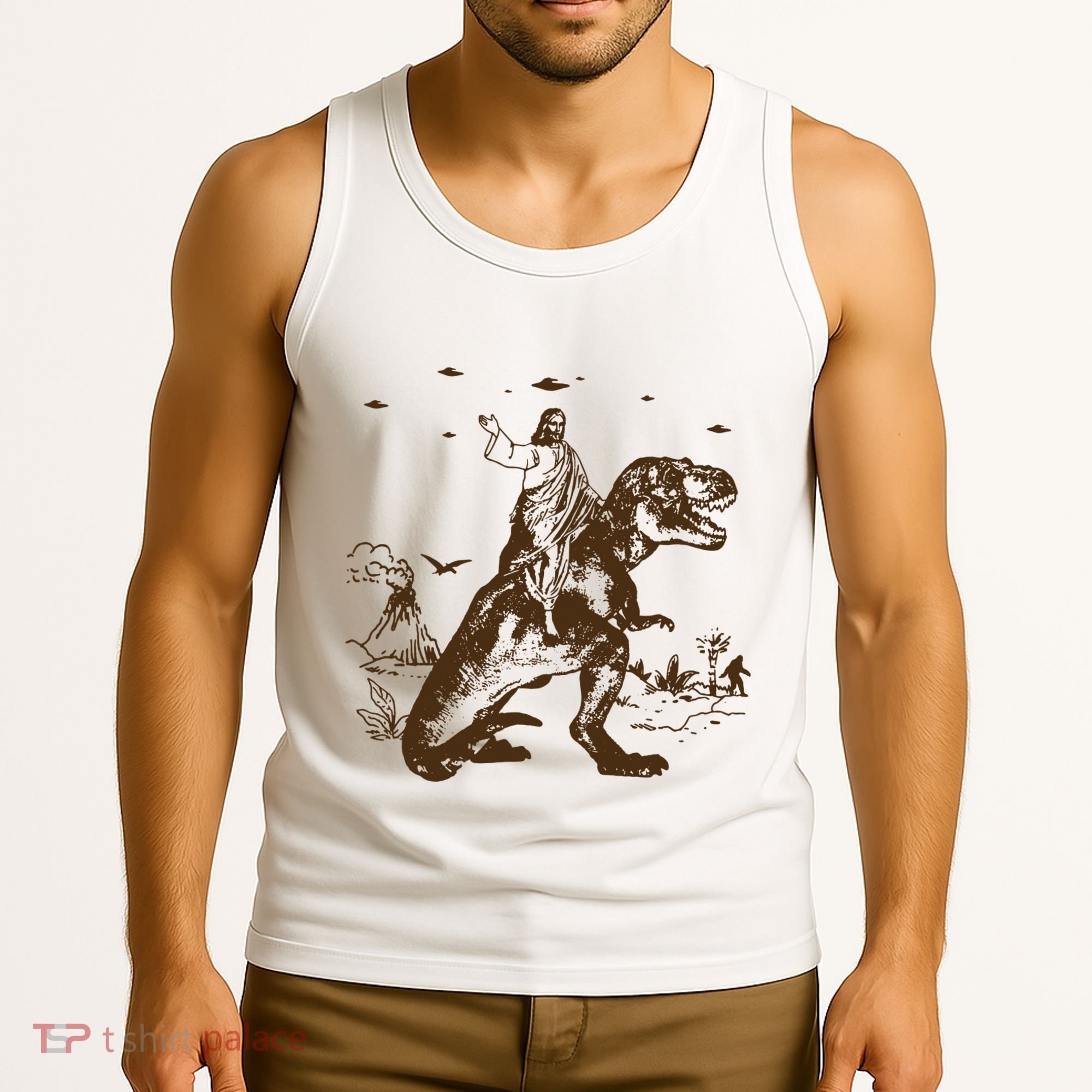 Jesus Riding Dinosaur Ufo Funny Tank Top