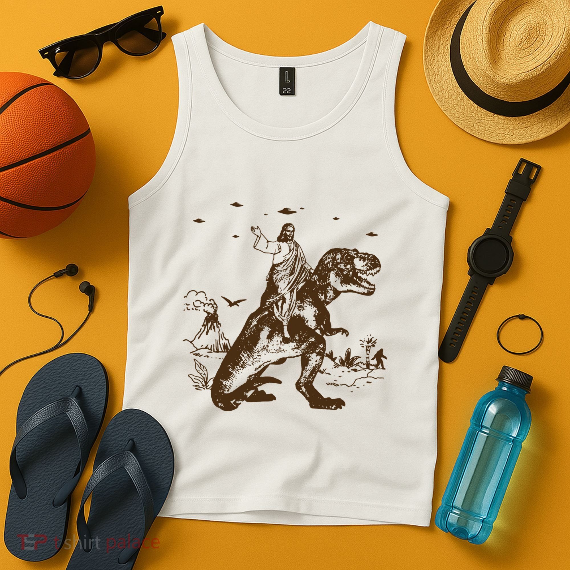 Jesus Riding Dinosaur Ufo Funny Tank Top