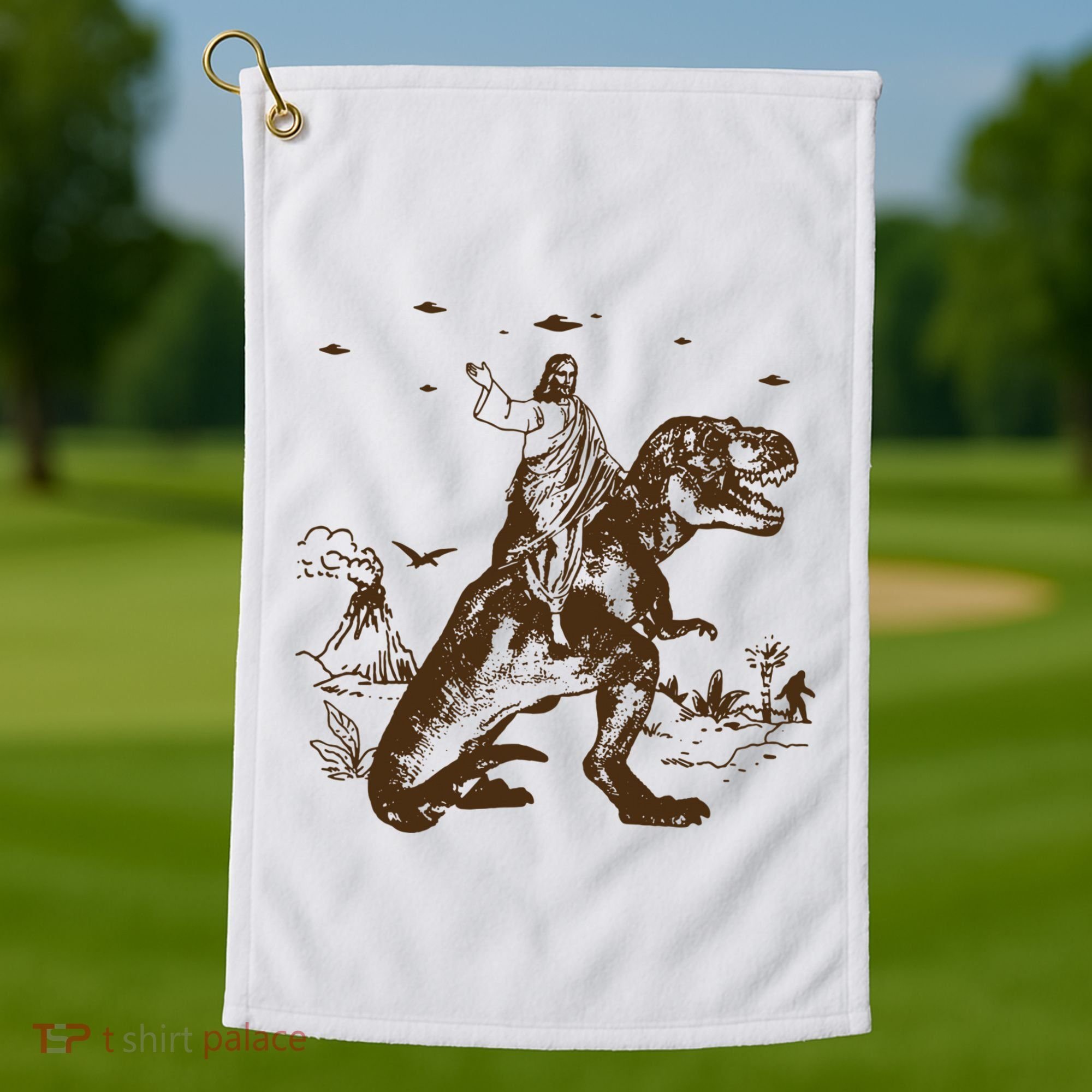Jesus Riding Dinosaur Ufo Funny Golf Towel