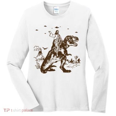 Jesus Riding Dinosaur Ufo Funny Women's Long Sleeve Shirt